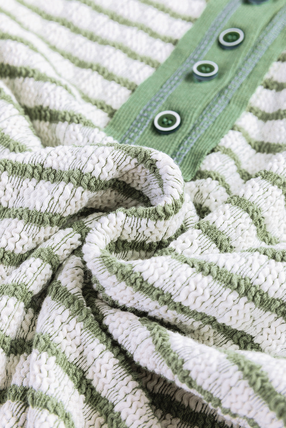 Sky Blue Stripe Textured Frilly Trim Buttons Henley Long Sleeve Top