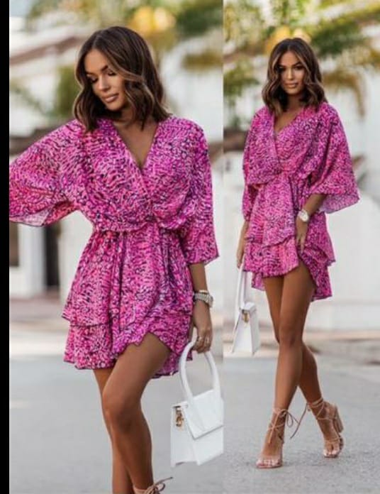 1643 - Patterned Batwing Layered Dress