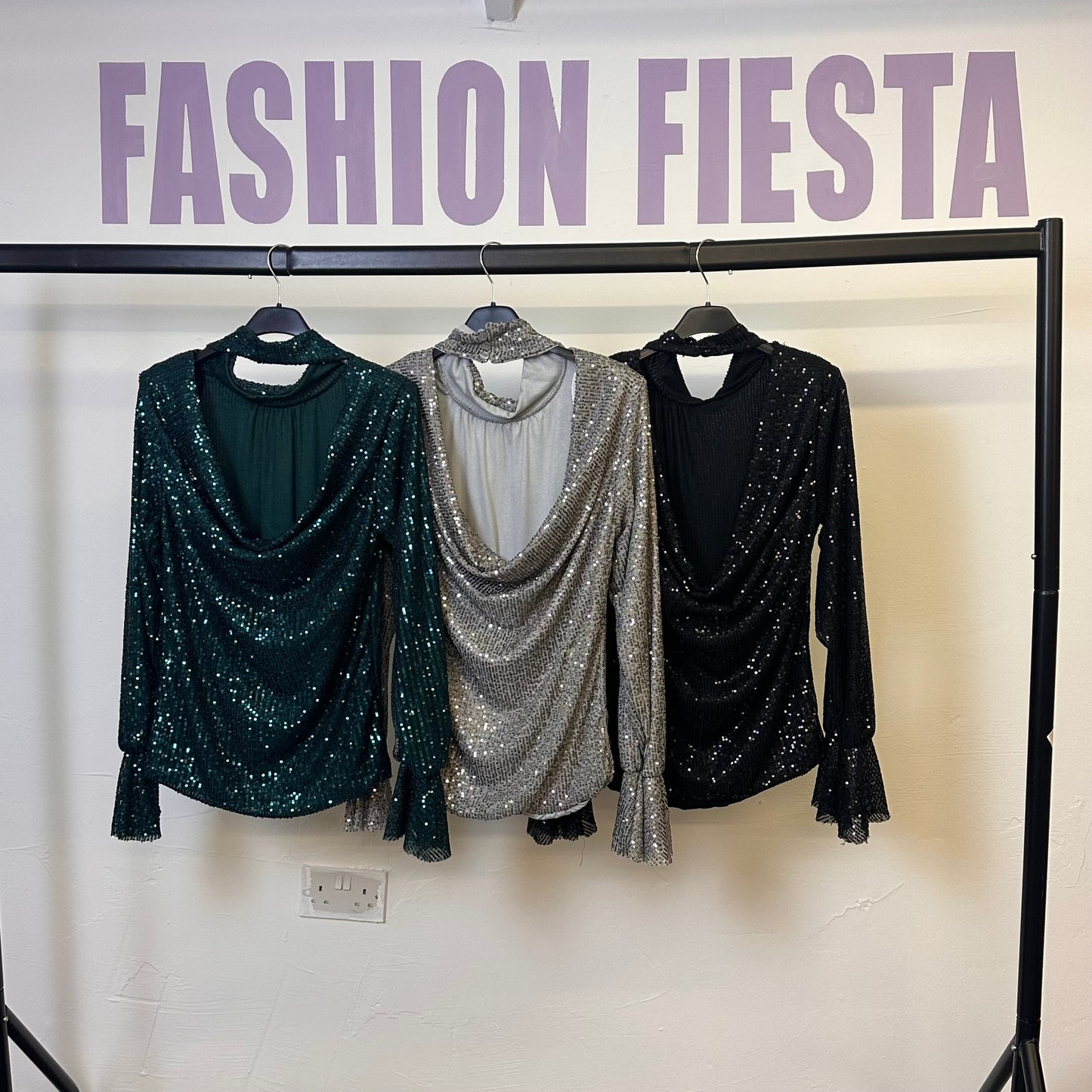 1890 - High Neck Long Sleeve Low Back Sequin Top