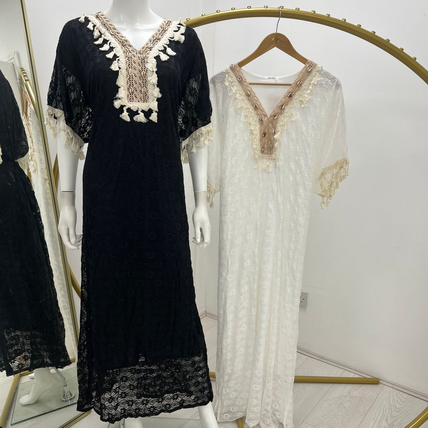 1645 - Lace Long Kaftan Dress with Embroidery & Tassel Detail