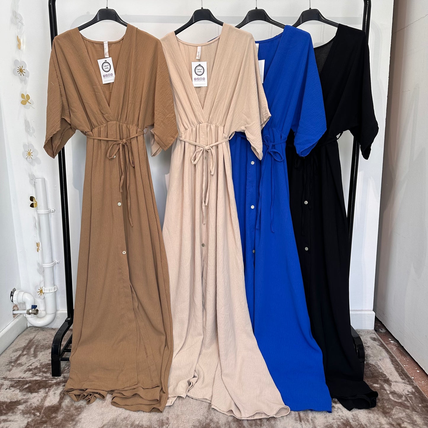 1613 - Belted Button V Neck Maxi Dress