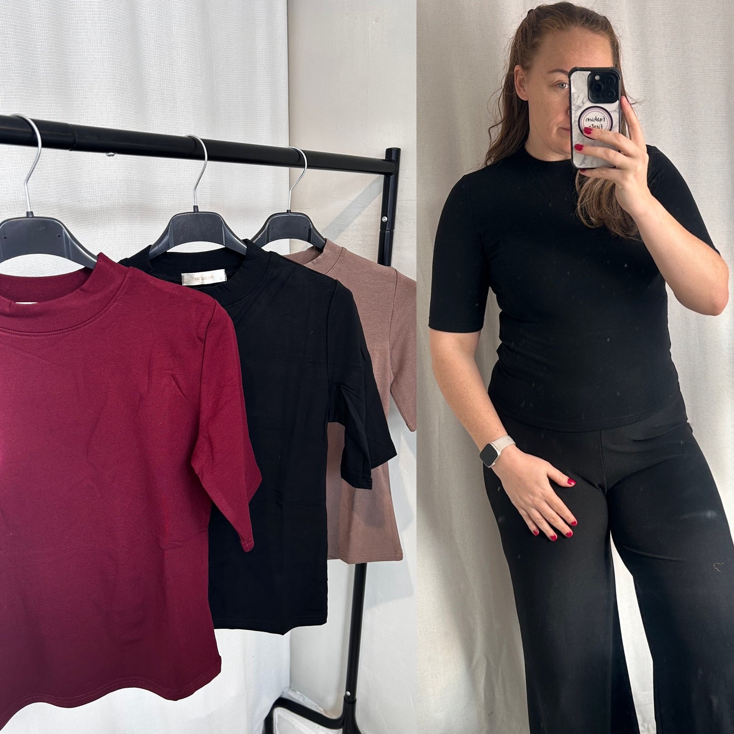 1991 - High Neck Elbow Length Sleeve Basic Top