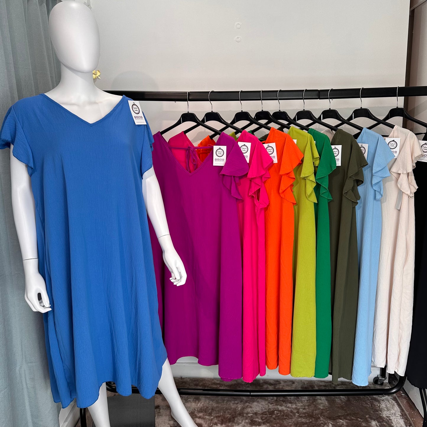 1614 - Frill Shoulder V Neck Midi Dress