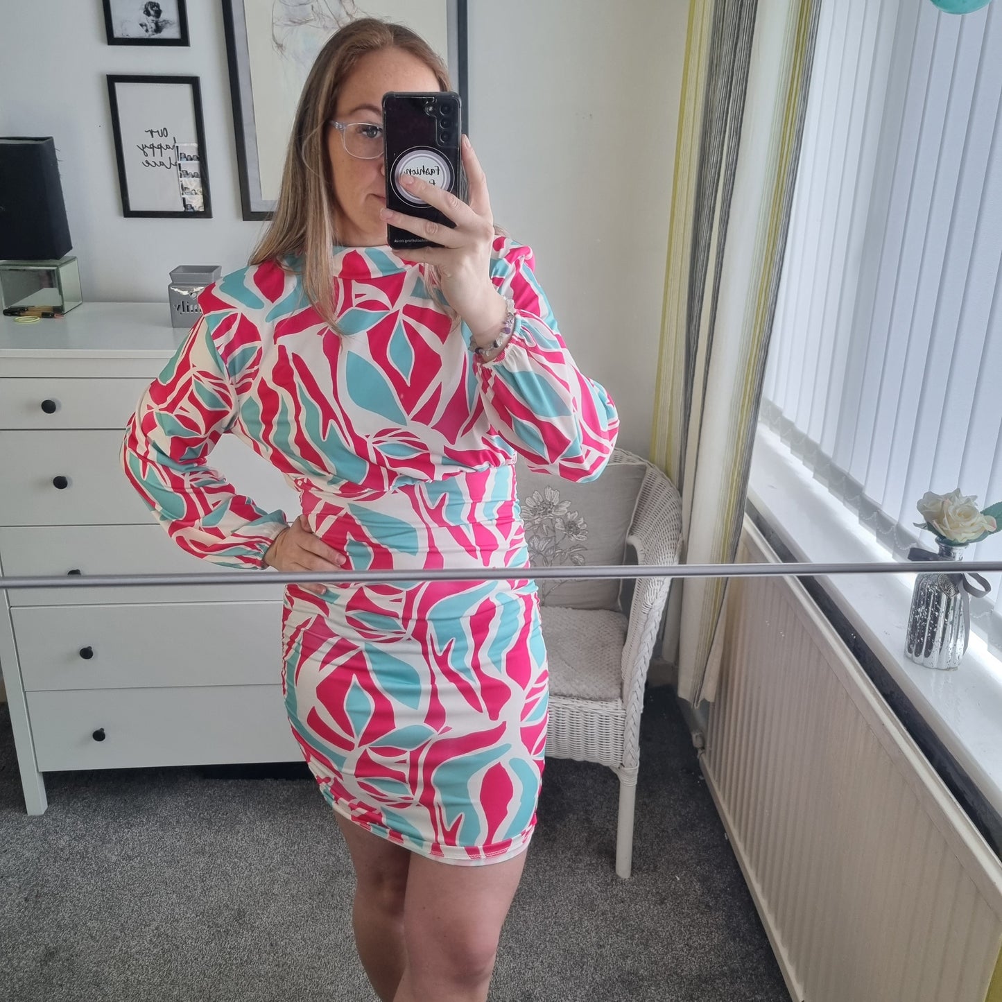 1196 - SWIRL PRINT PADDED SHOULDER DRESS
