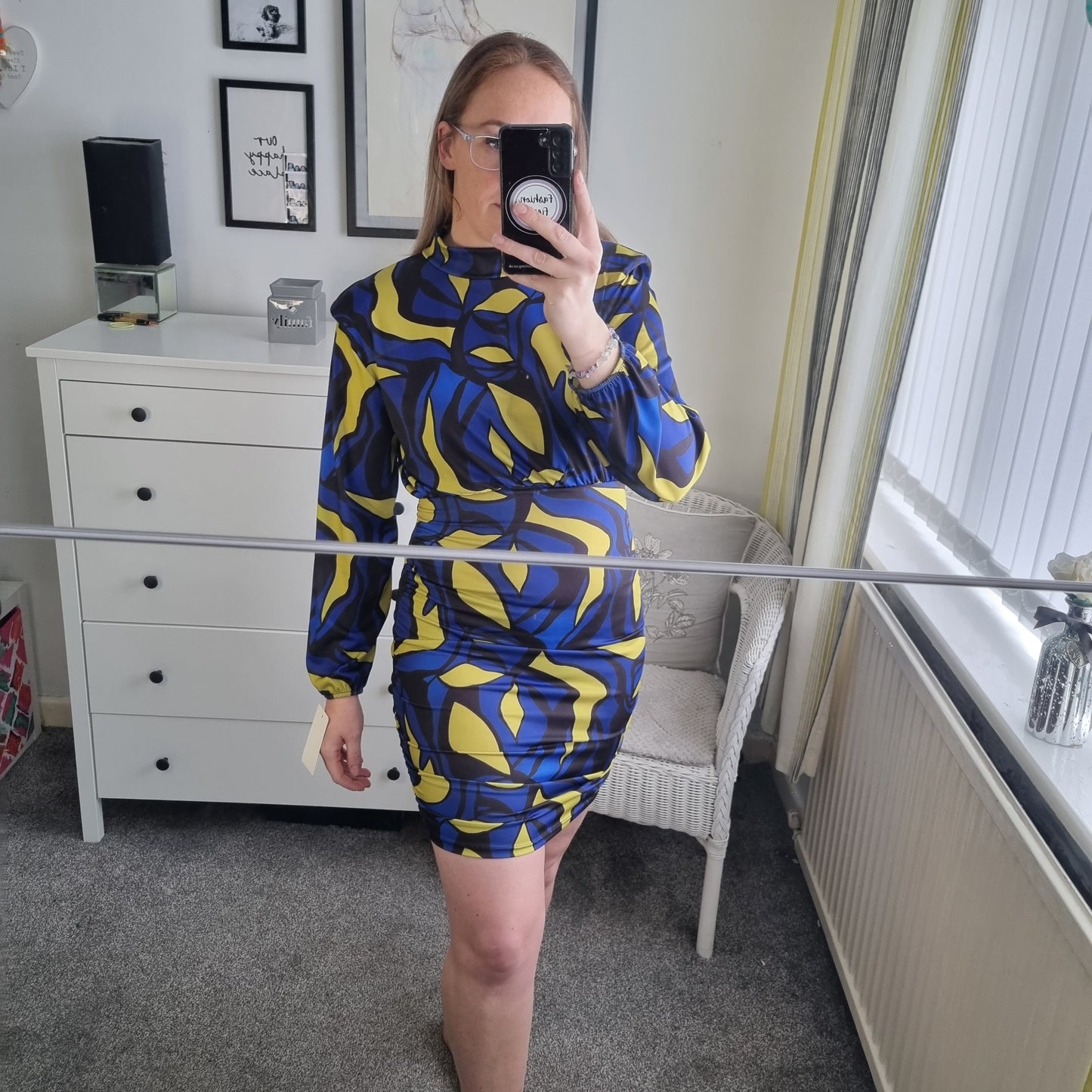 1196 - SWIRL PRINT PADDED SHOULDER DRESS