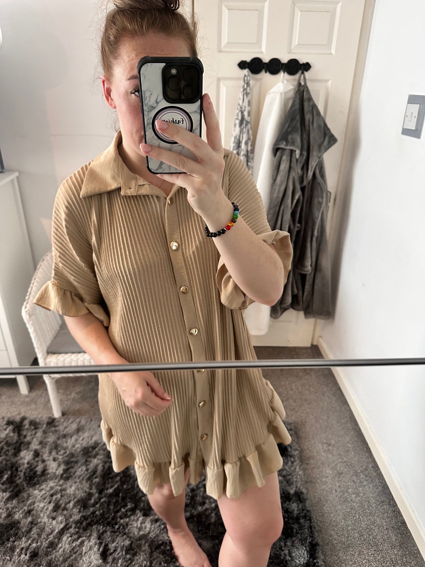 1025 - PLEATED FRILL EDGE GOLD BUTTON BLOUSE / DRESS (13 COLOURS)