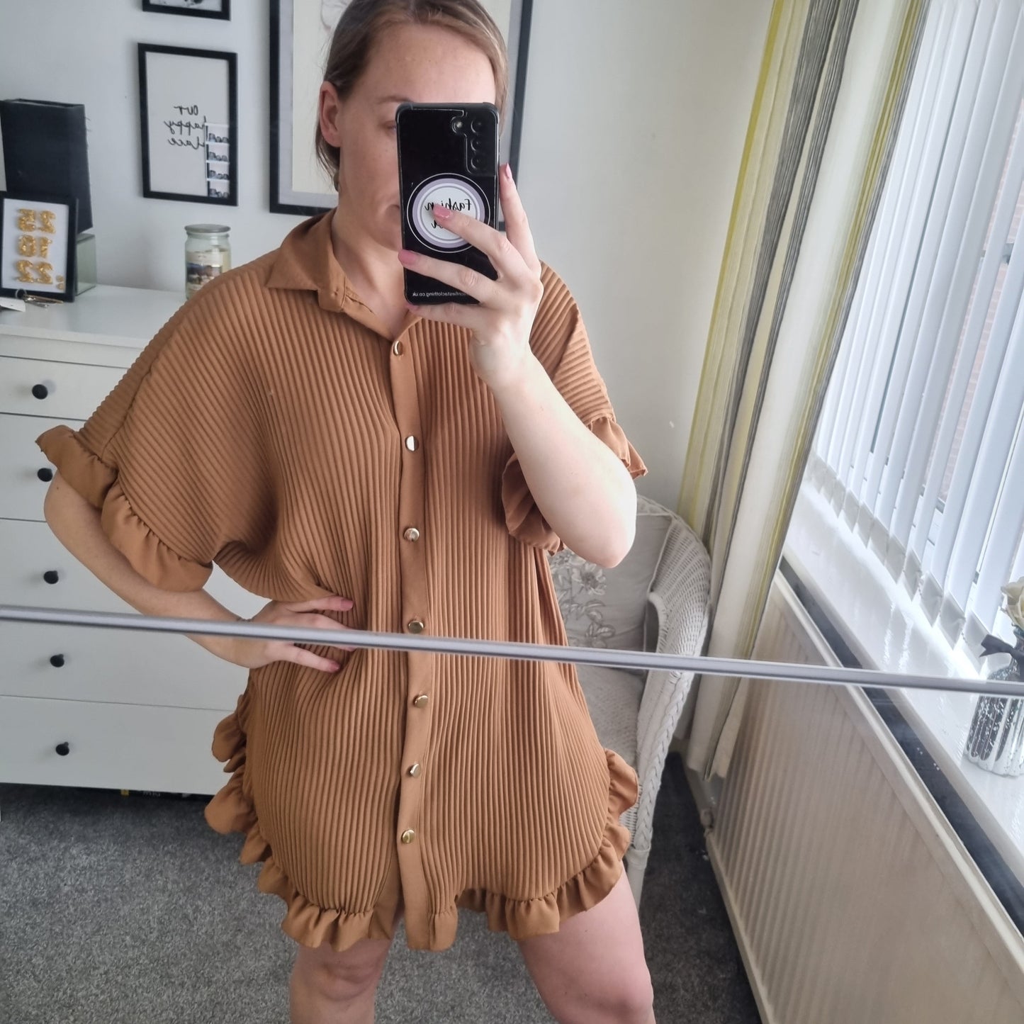 1025 - PLEATED FRILL EDGE GOLD BUTTON BLOUSE / DRESS (13 COLOURS)