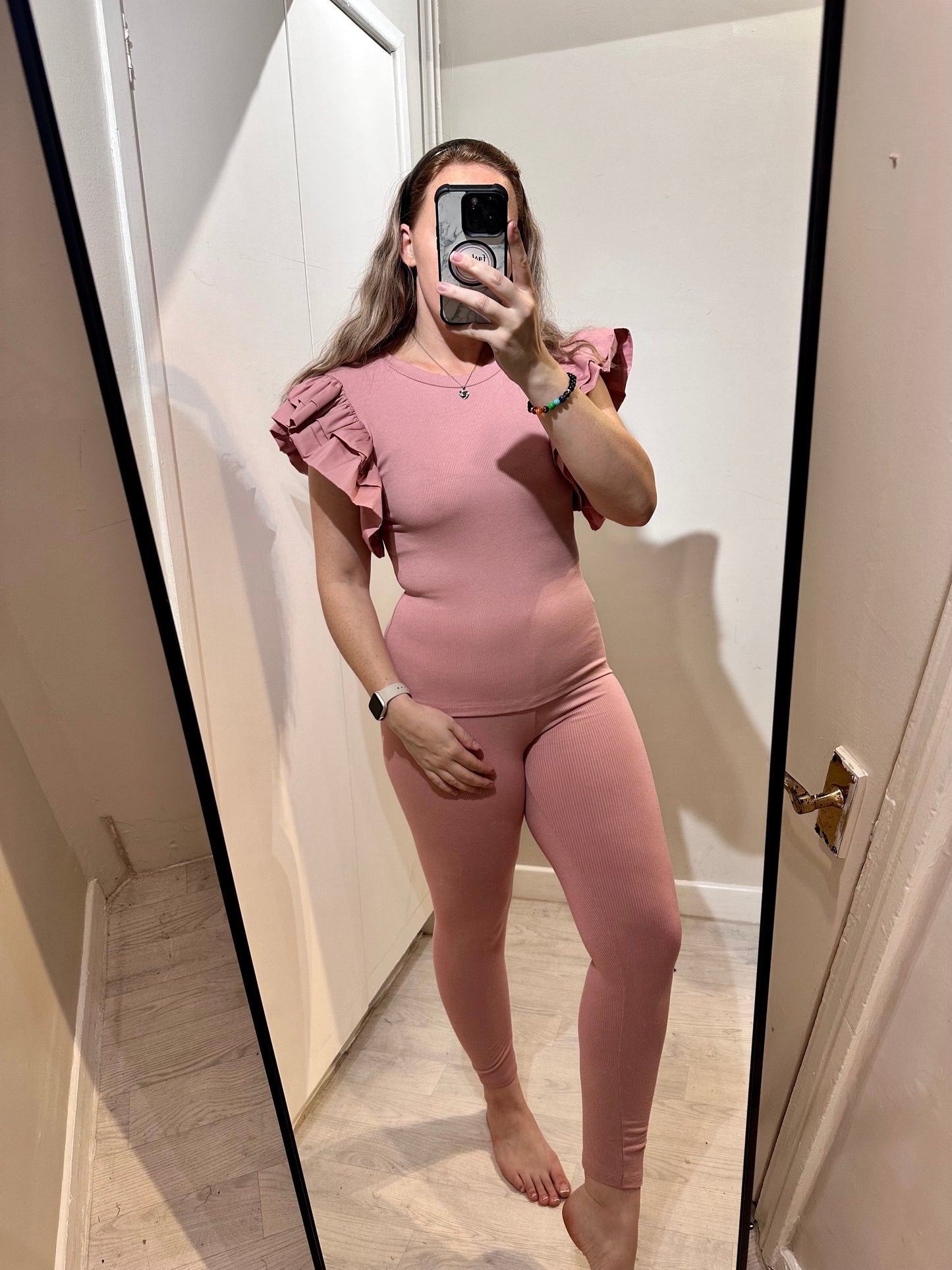 1342 - SHORT FRILL SLEEVE RIBBED LOUNGEWEAR SET
