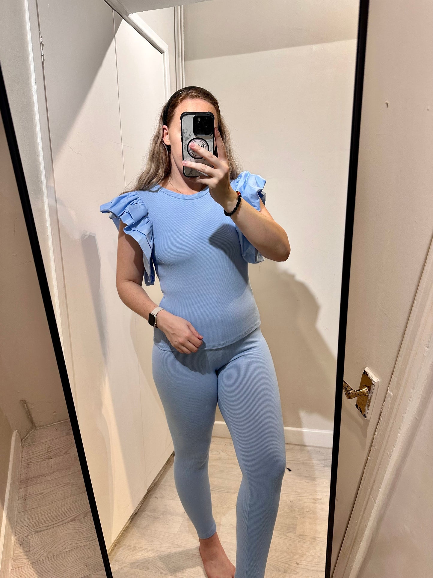 1342 - SHORT FRILL SLEEVE RIBBED LOUNGEWEAR SET