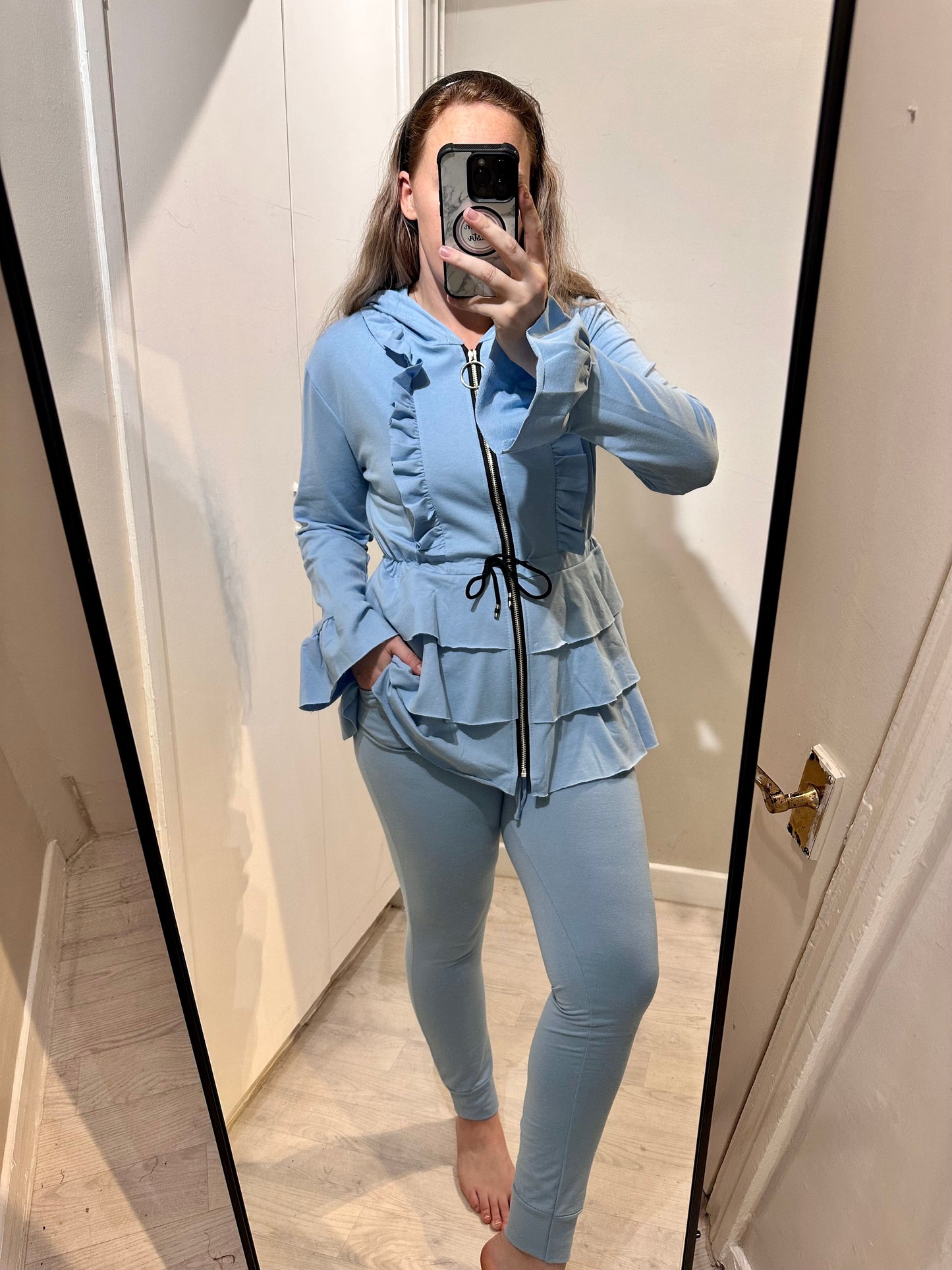 1049 - FRILLED PEPLUM STYLE ZIP LOUNGEWEAR SET (6 COLOURS)