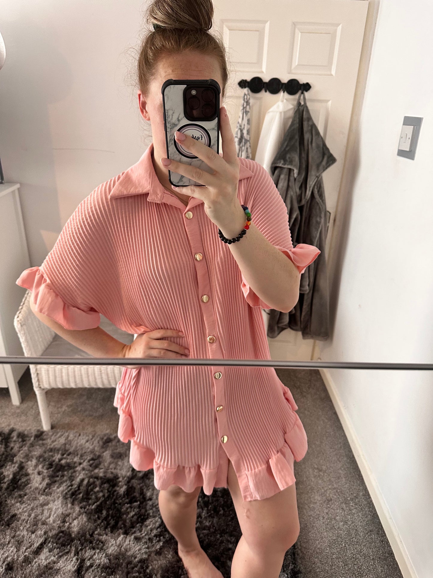 1025 - PLEATED FRILL EDGE GOLD BUTTON BLOUSE / DRESS (13 COLOURS)