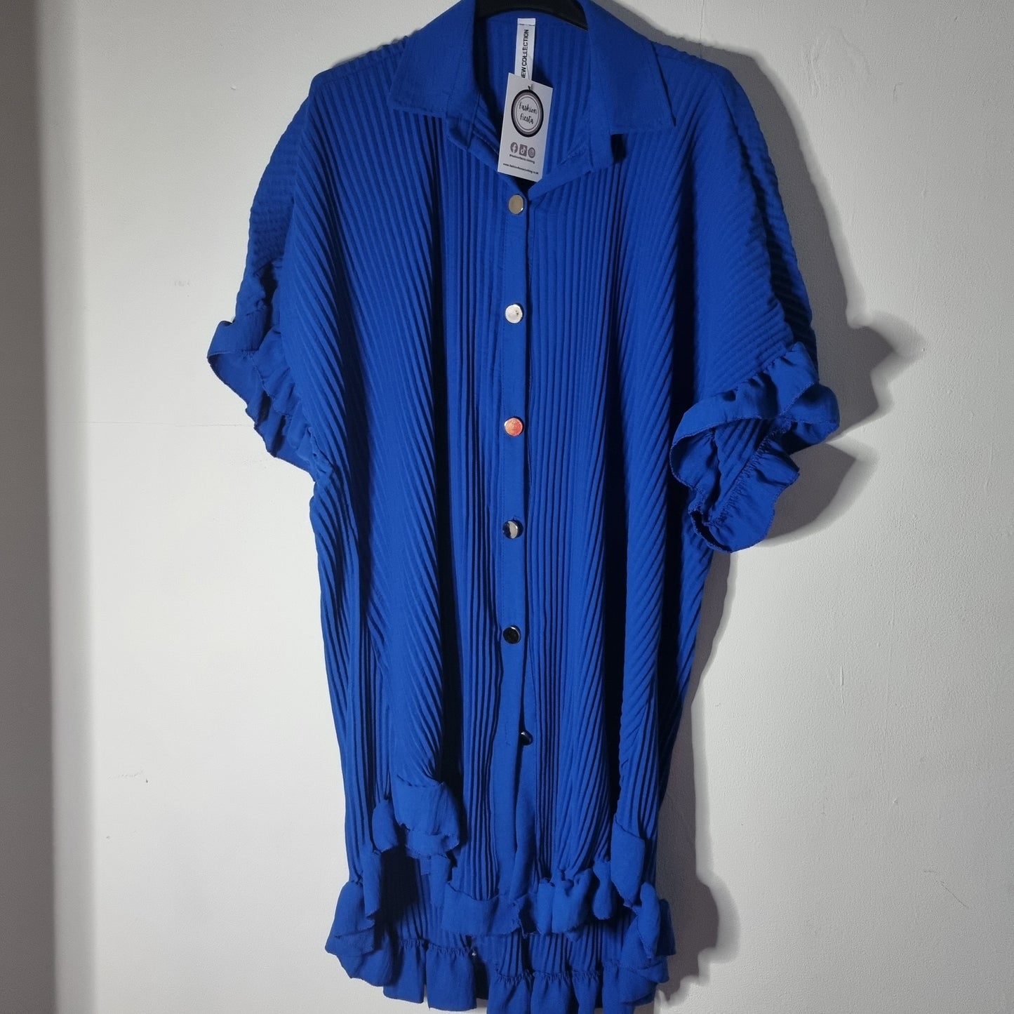 1025 - PLEATED FRILL EDGE GOLD BUTTON BLOUSE / DRESS (13 COLOURS)
