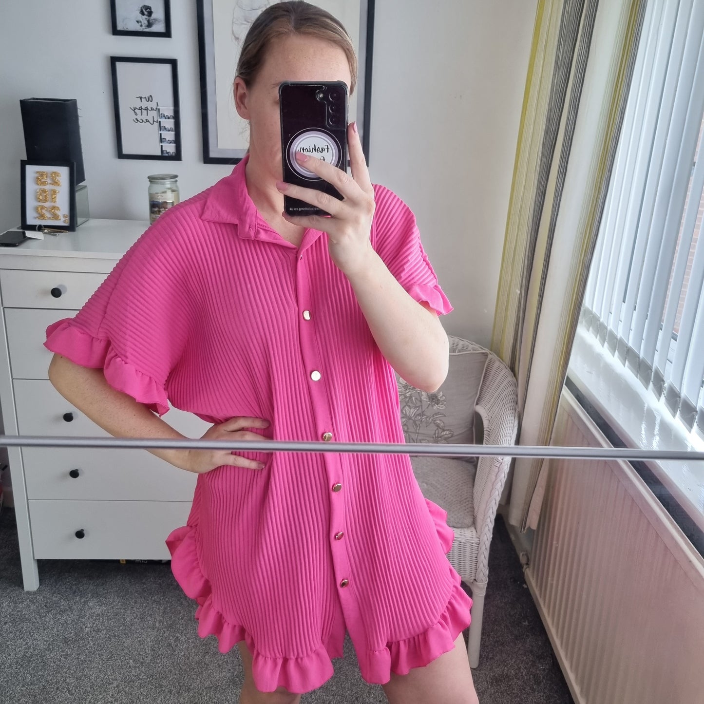 1025 - PLEATED FRILL EDGE GOLD BUTTON BLOUSE / DRESS (13 COLOURS)