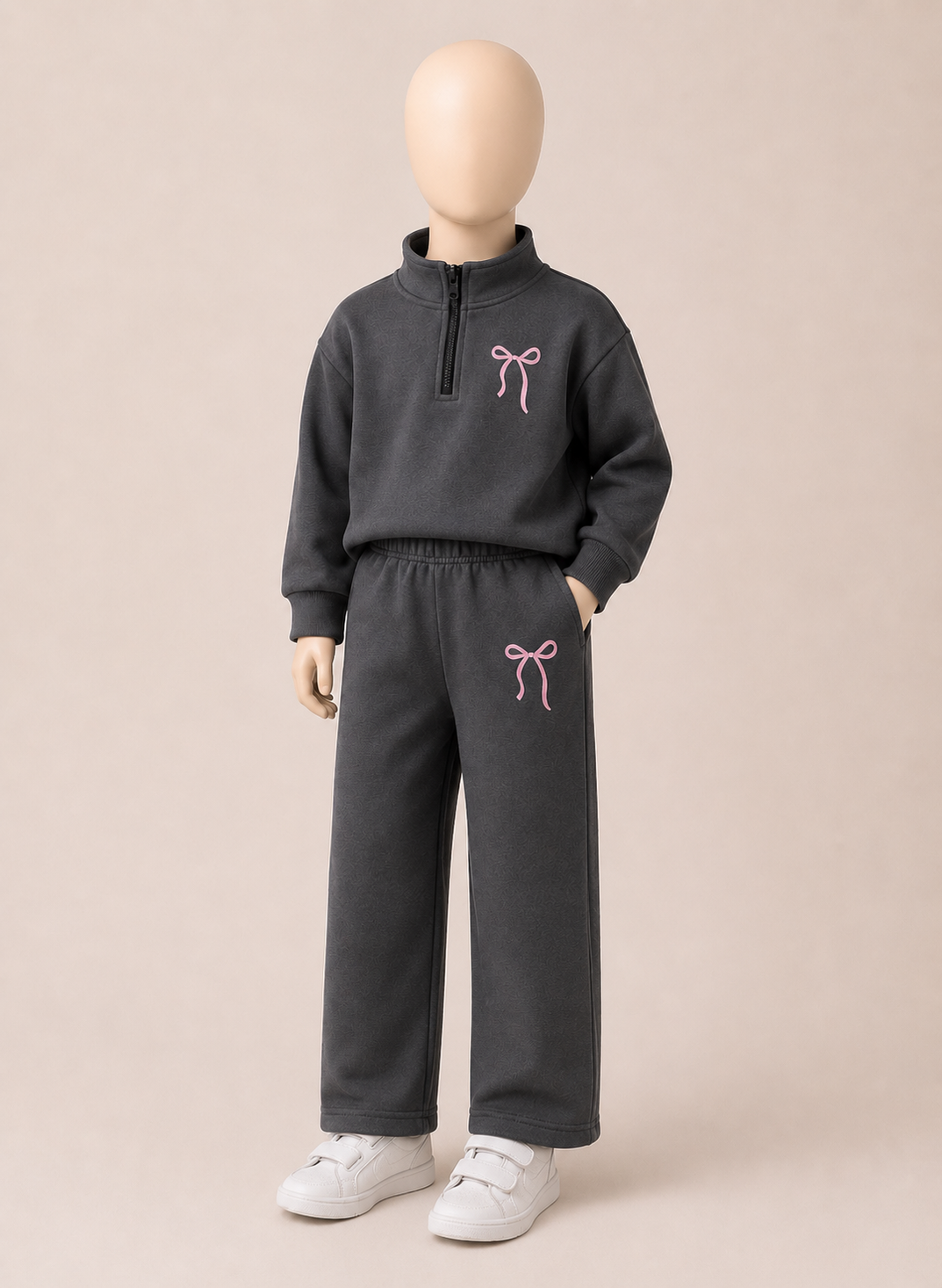 Girls Bow Quarter Zip Tracksuit Set