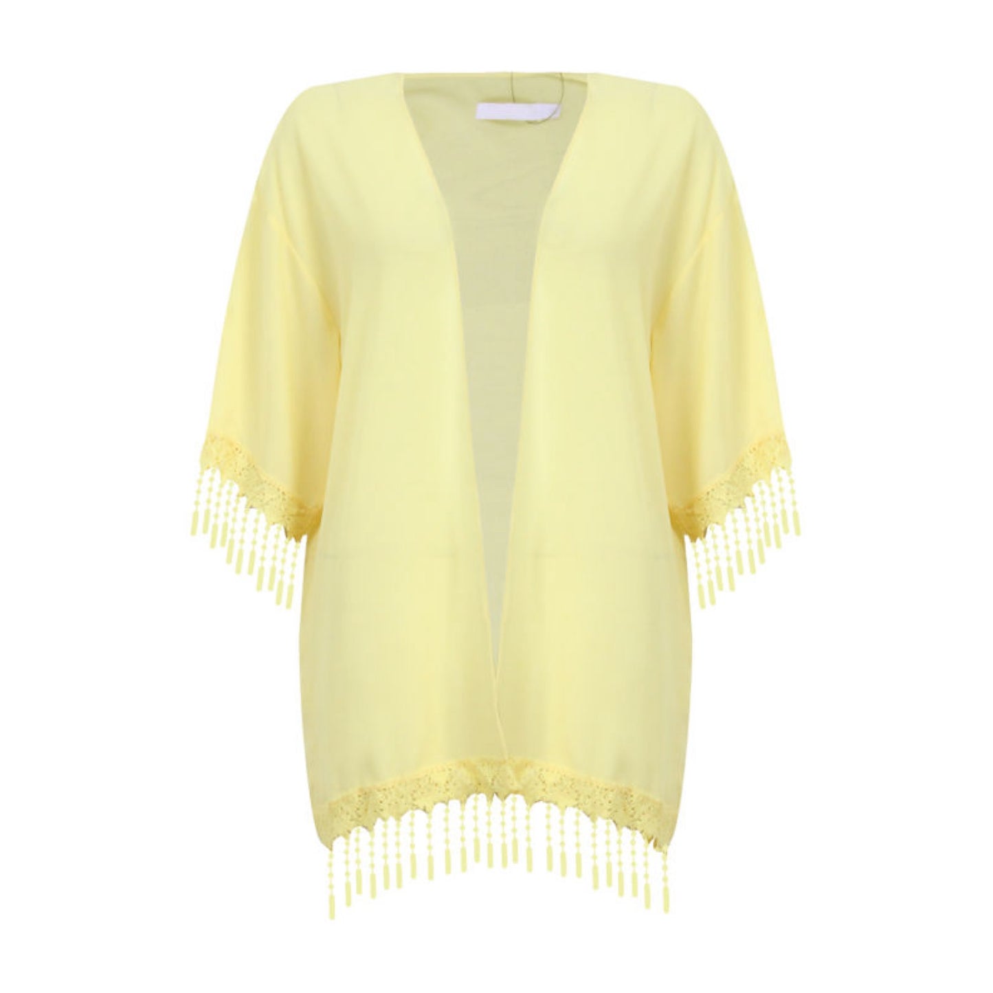 1660 - Fringe Detail Plain Lemon Kimono