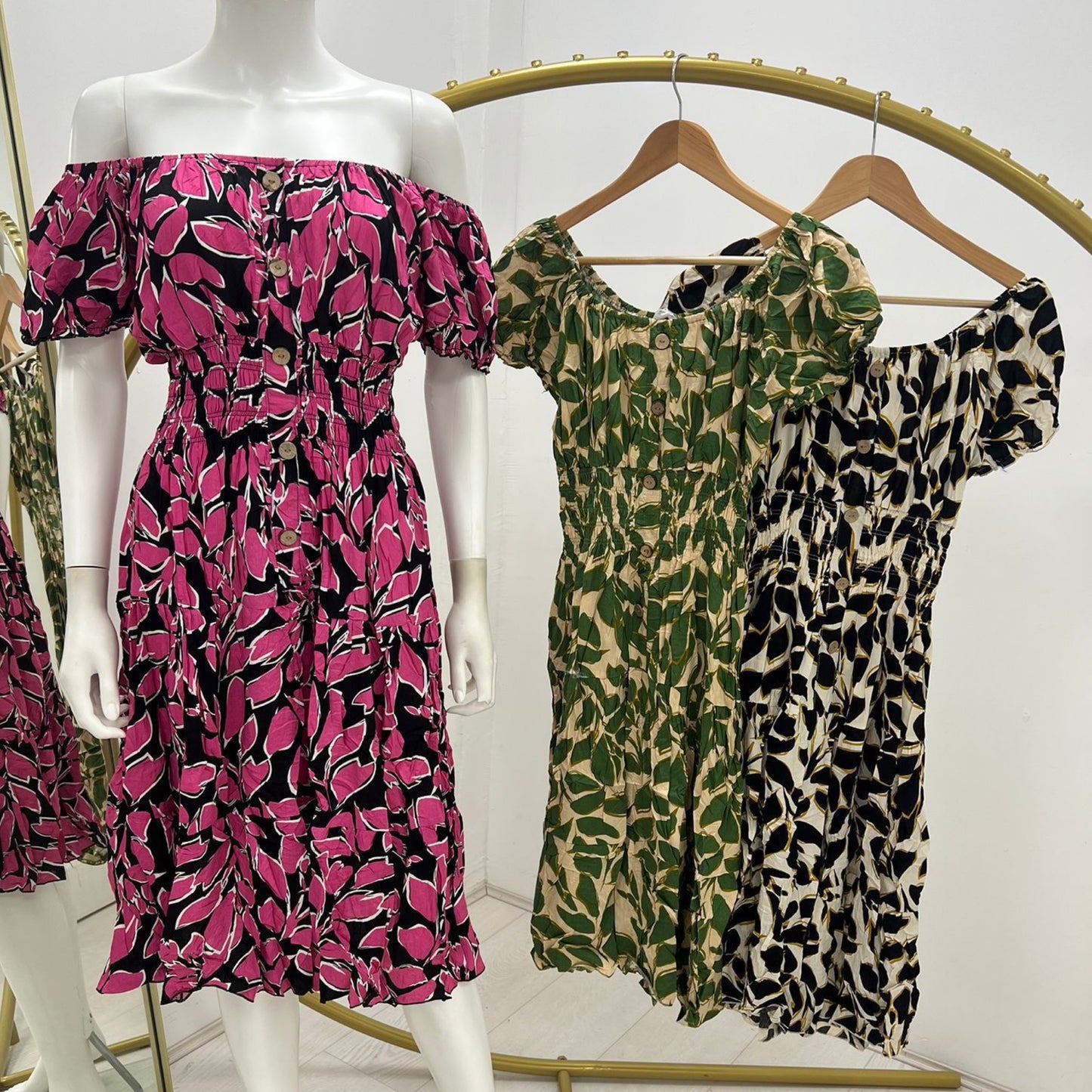 1669 - Leaf Pattern Elasticated Waist Midi Summer Dress