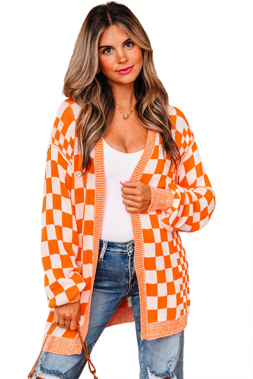 Brown Checkered Open Front Drop Shoulder Cardigan