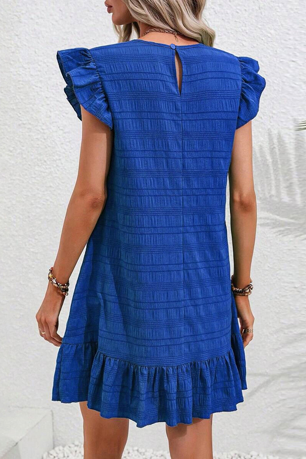 Dark Green Textured Flutter Sleeve Ruffled Mini Dress