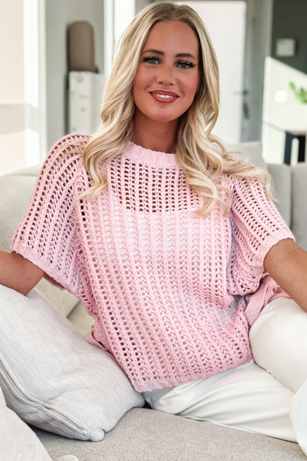 Yellow Cream Hollow-out Crochet Side Tied Short Sleeve Sweater