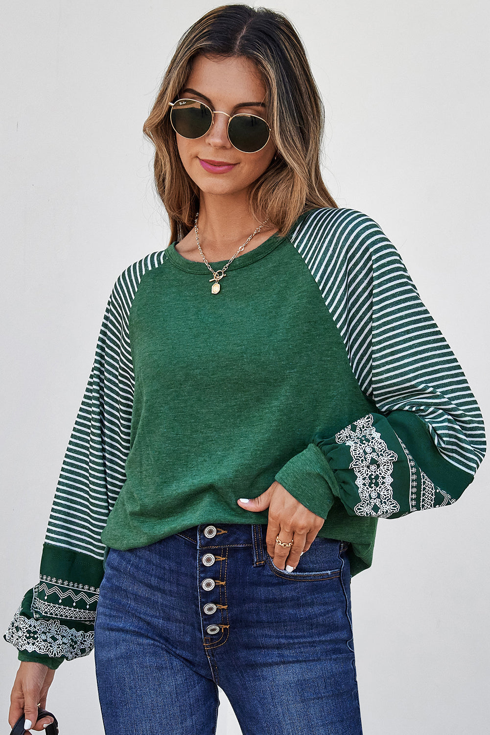 Navy Blue Contrast Print Striped Raglan Long Sleeve Loose Top