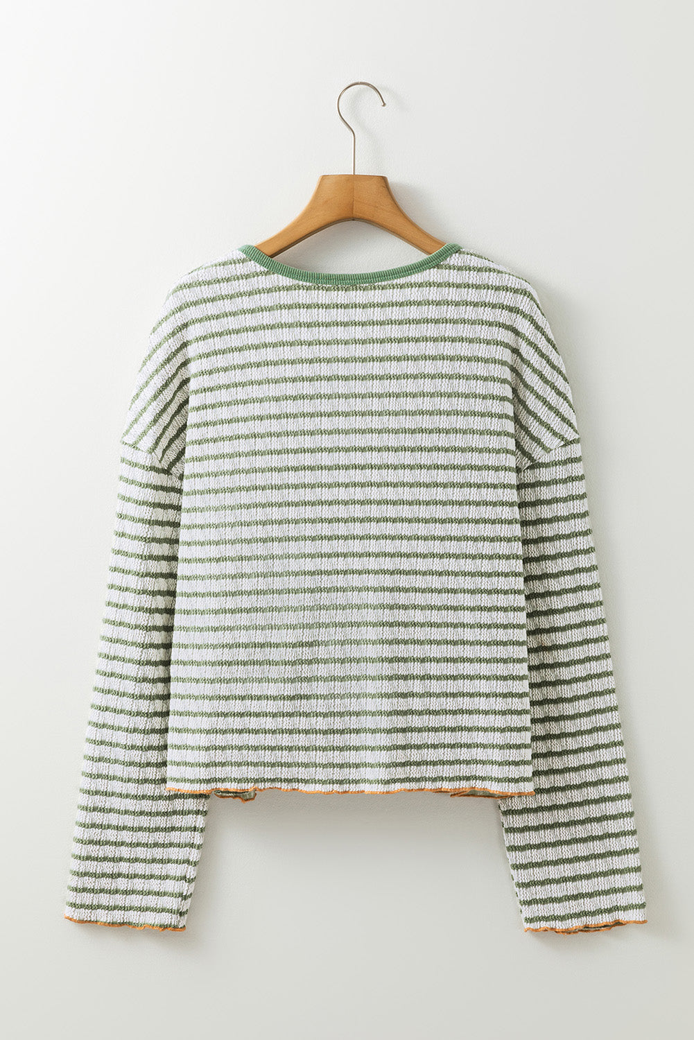 Sky Blue Stripe Textured Frilly Trim Buttons Henley Long Sleeve Top