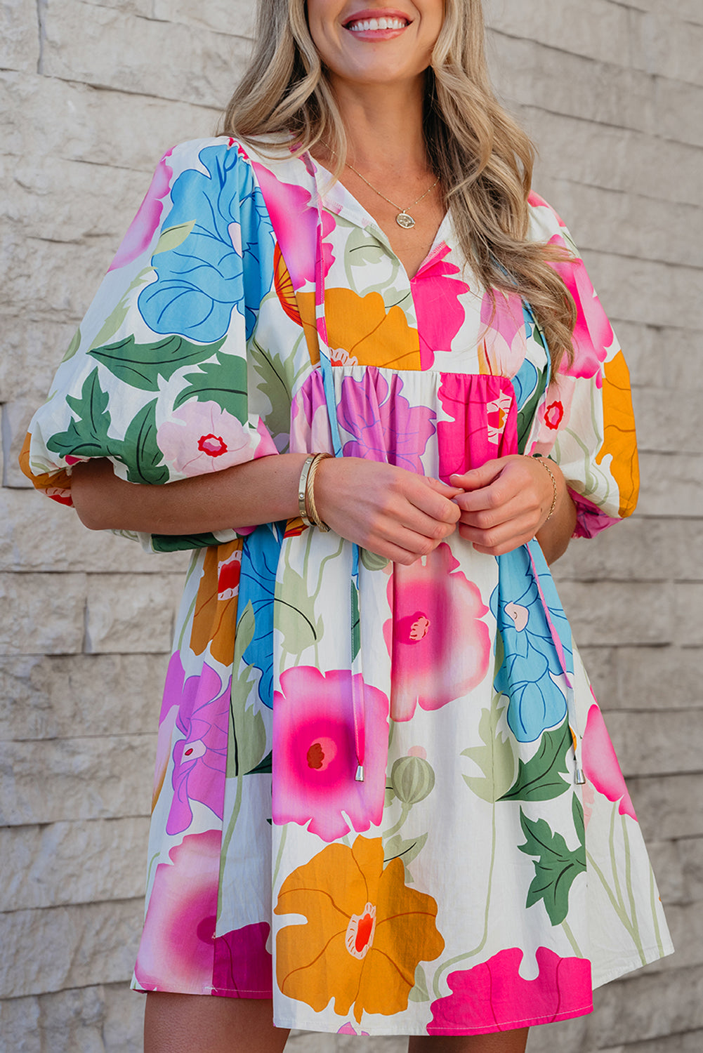 Dark Blue Floral Print Split Neck Babydoll Dress
