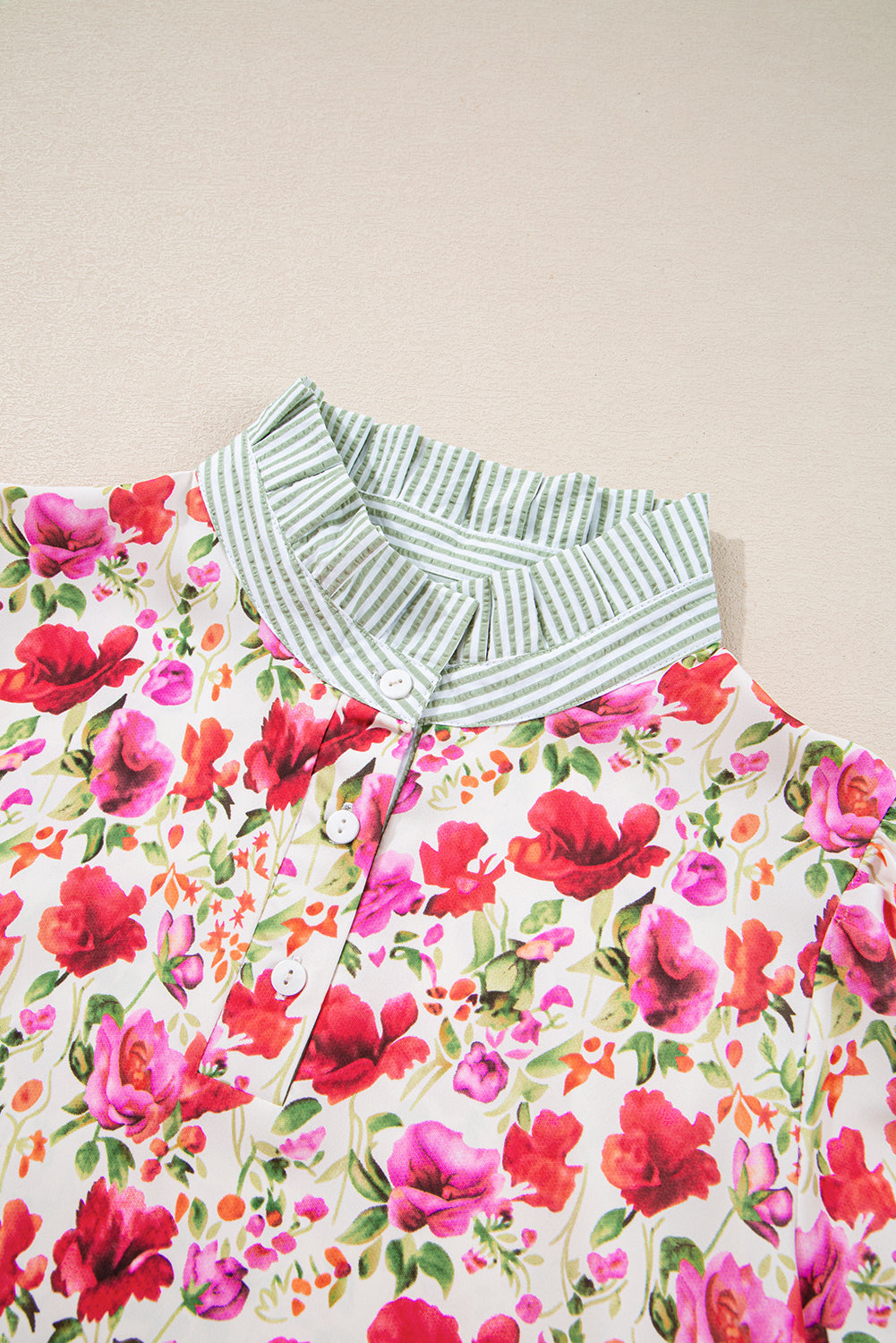 Sky Blue Floral Print Striped Patchwork Collared Short Sleeve Blouse