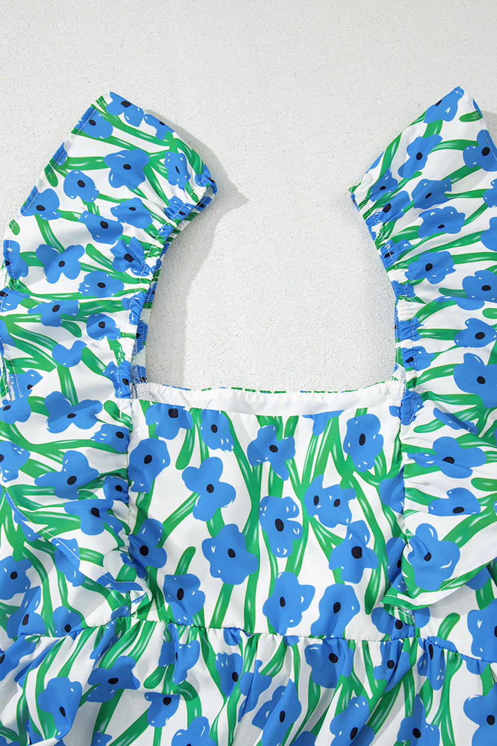 Blue Floral Print Square Neck Ruffled Strap Maxi Dress