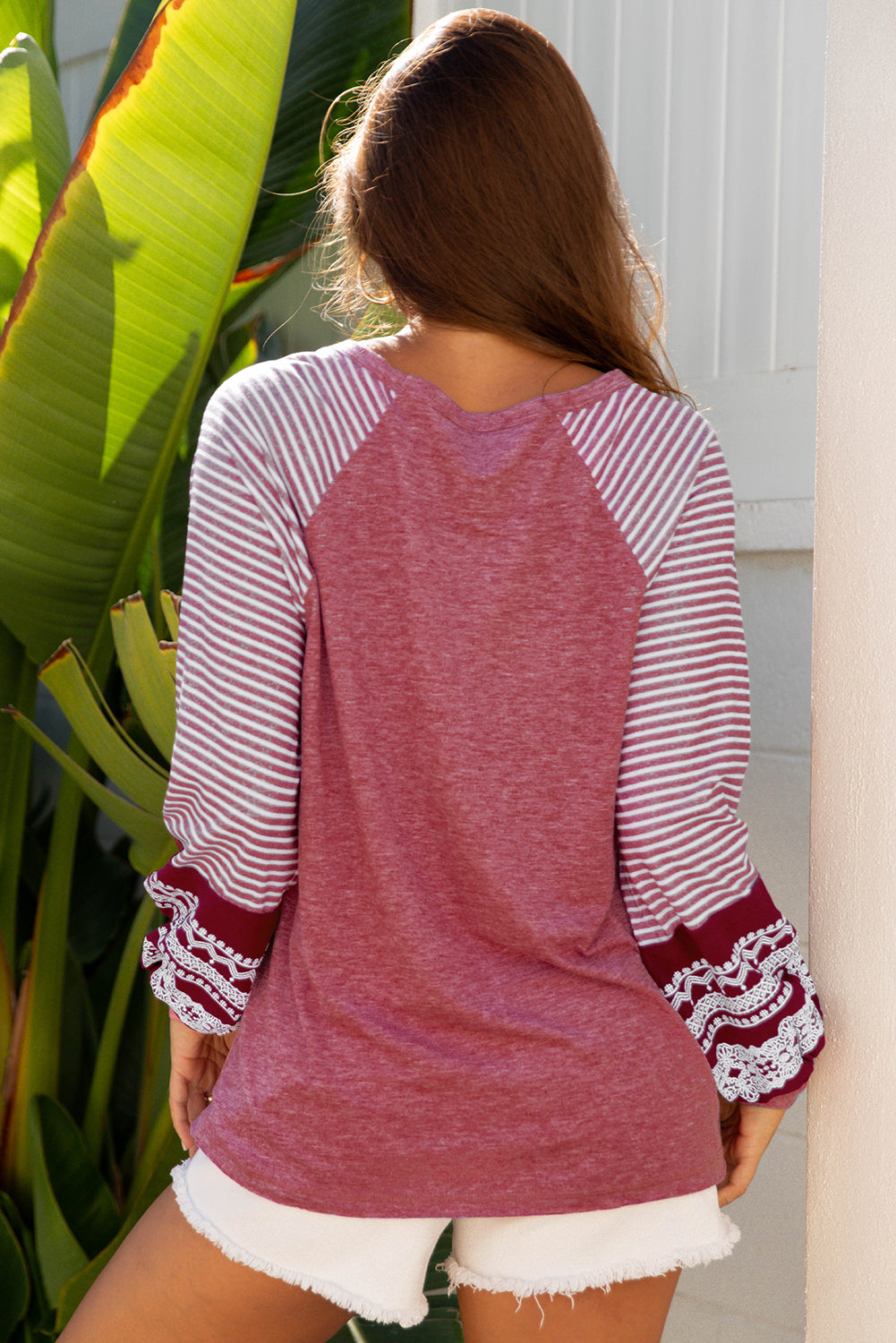 Black Contrast Print Striped Raglan Long Sleeve Loose Top