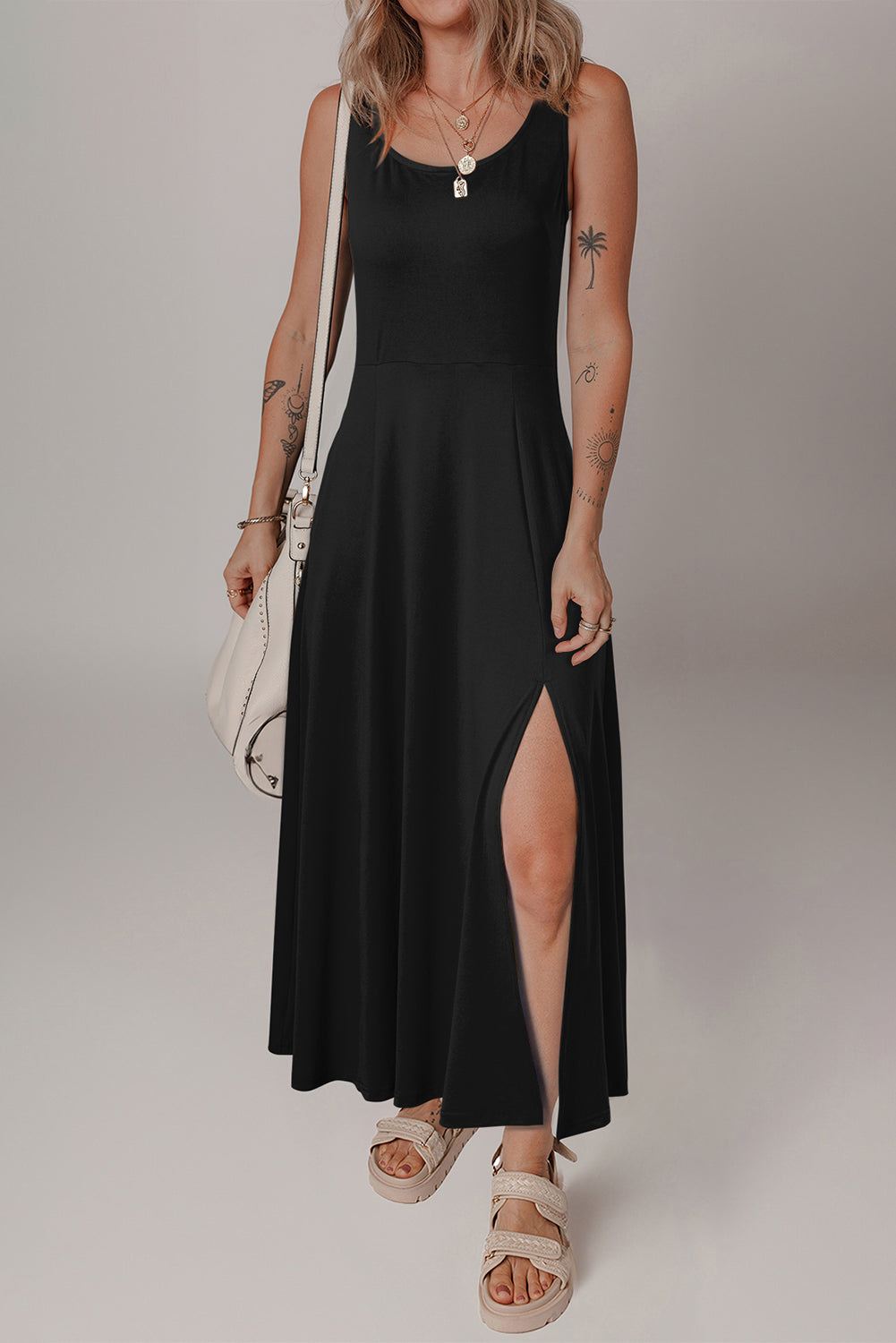 Four Leaf Clover Sleeveless Scoop Neck Flared Split Midi Dress
