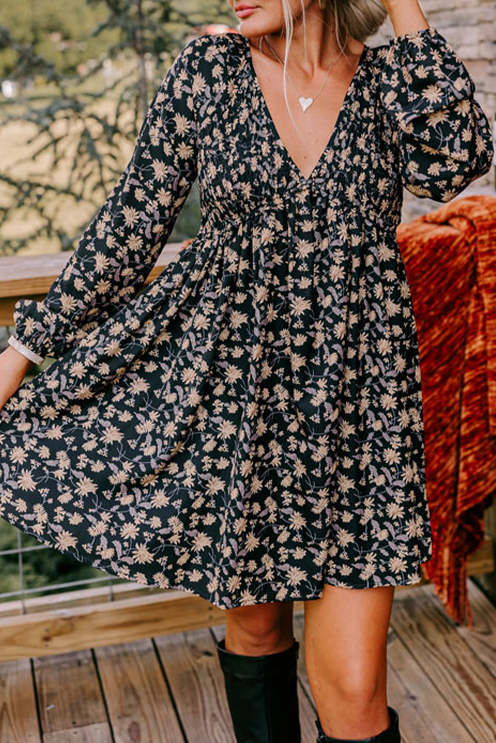 Black Floral Deep V Neck Smocked Bust Bubble Sleeve Babydoll Dress