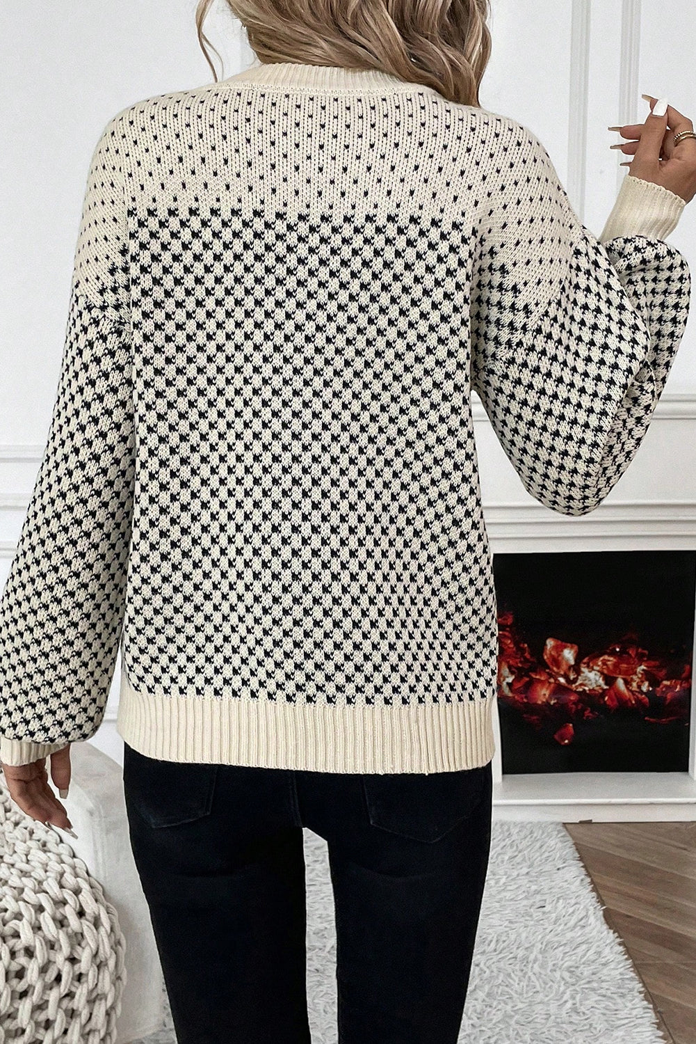 Red Contrast Color Pattern Lantern Sleeve Sweater