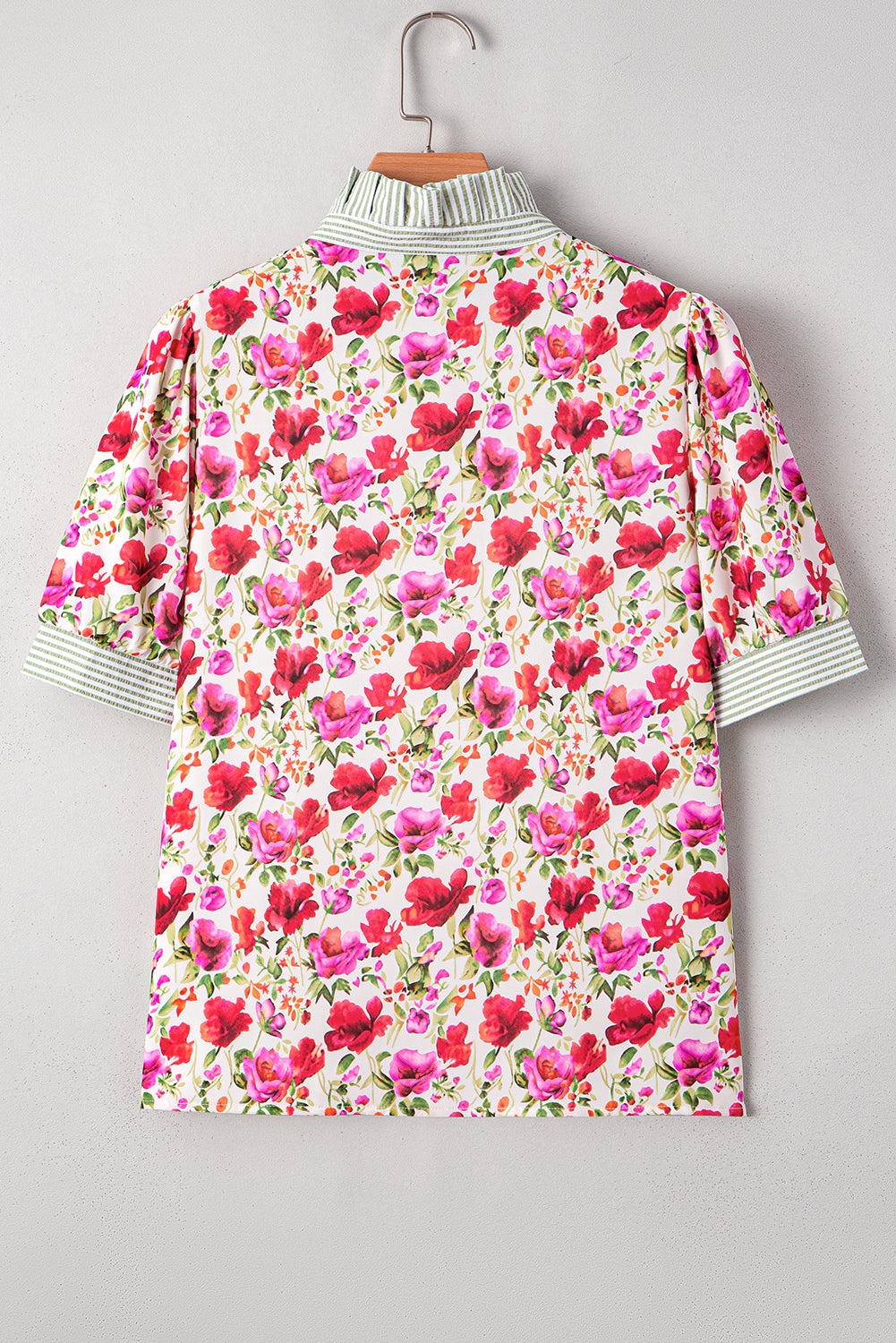 Sky Blue Floral Print Striped Patchwork Collared Short Sleeve Blouse
