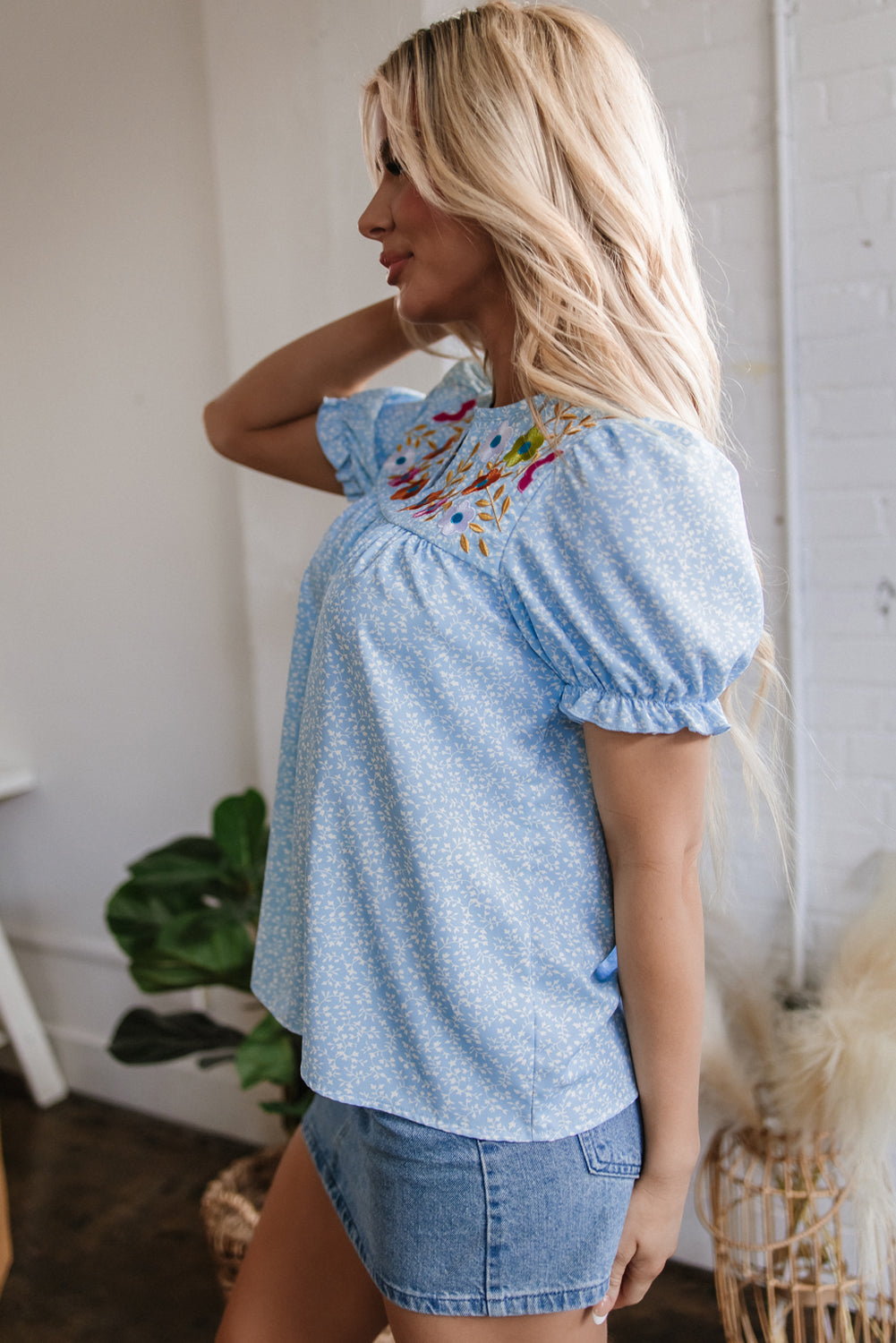 Pink Floral Embroidered Puff Sleeve Notched V Neck Blouse