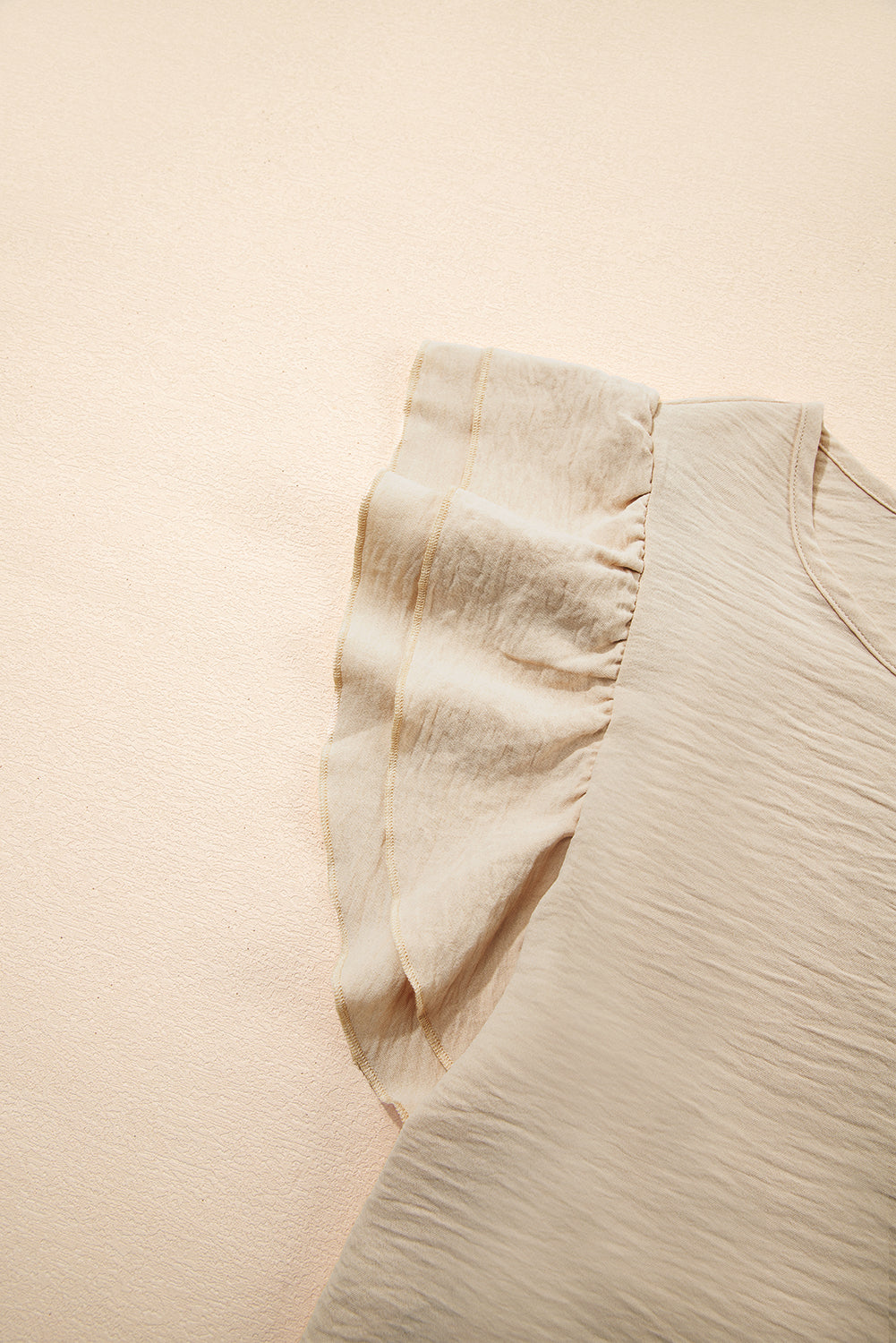 Beige Solid Color Ruffled Short Sleeve Casual Blouse