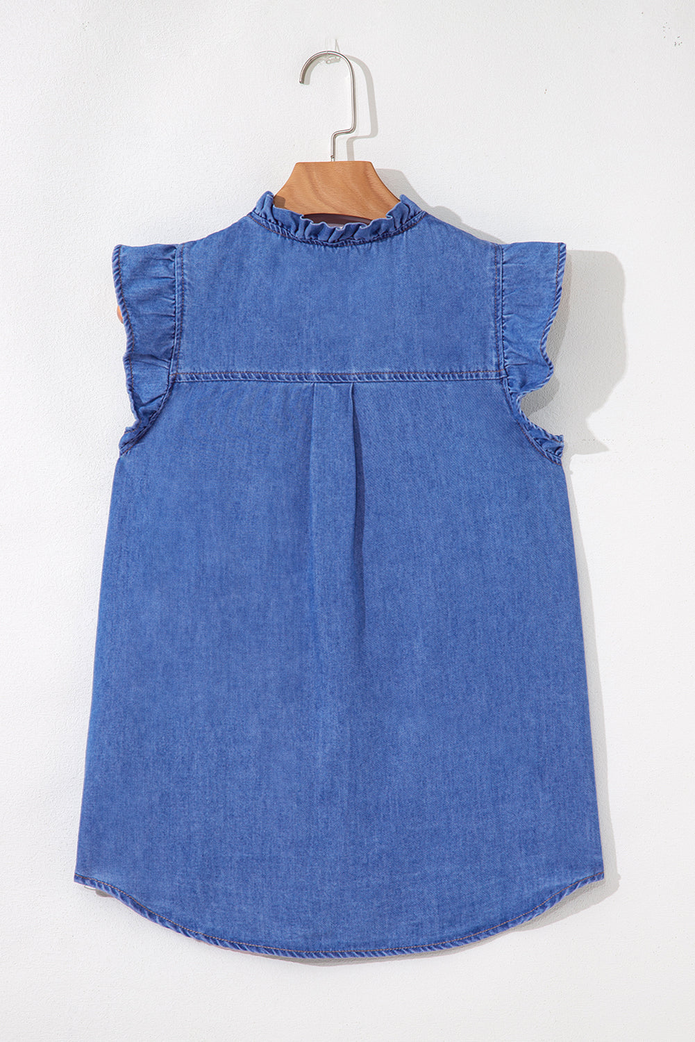 Sky Blue Mineral Wash Cap Sleeve Frilled Button Up Denim Shirt
