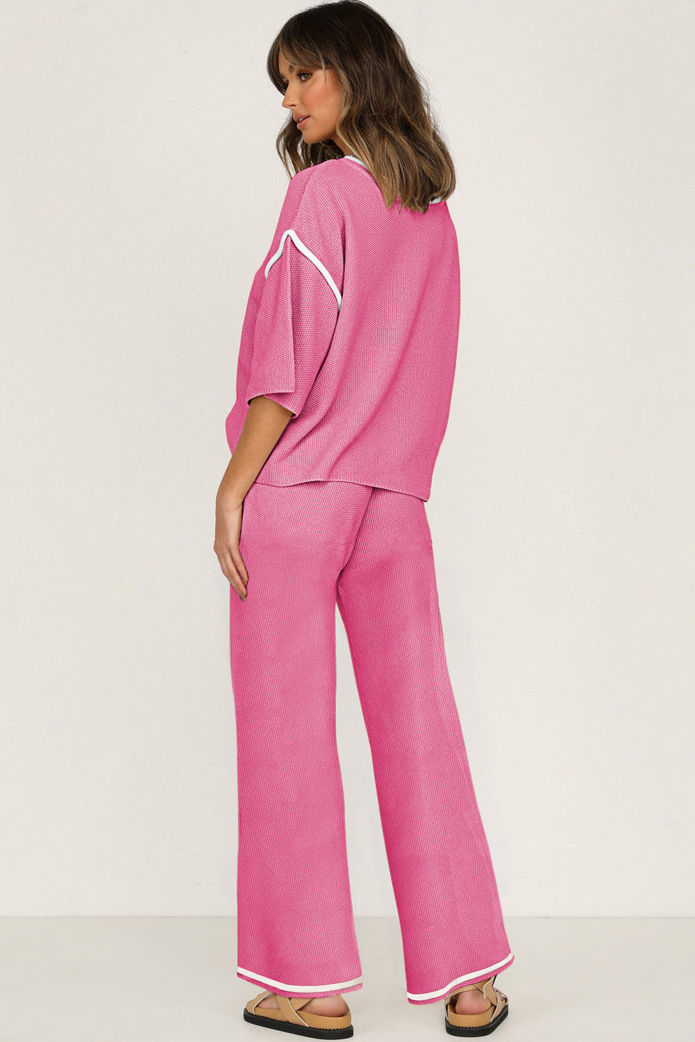 Canton Contrast Trim Half Sleeve Top Drawstring Pants Loose 2pcs Sweater Suit