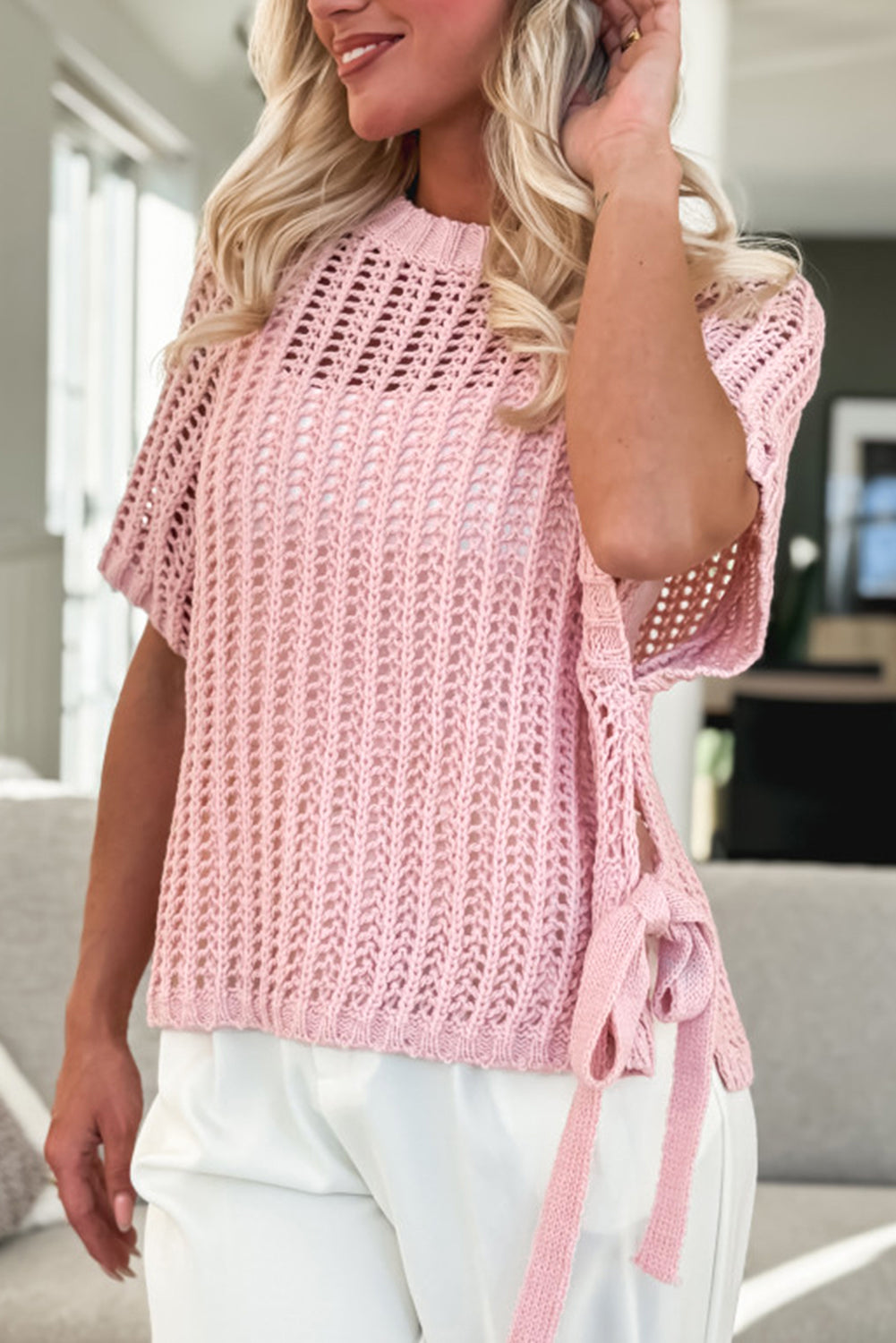 Yellow Cream Hollow-out Crochet Side Tied Short Sleeve Sweater