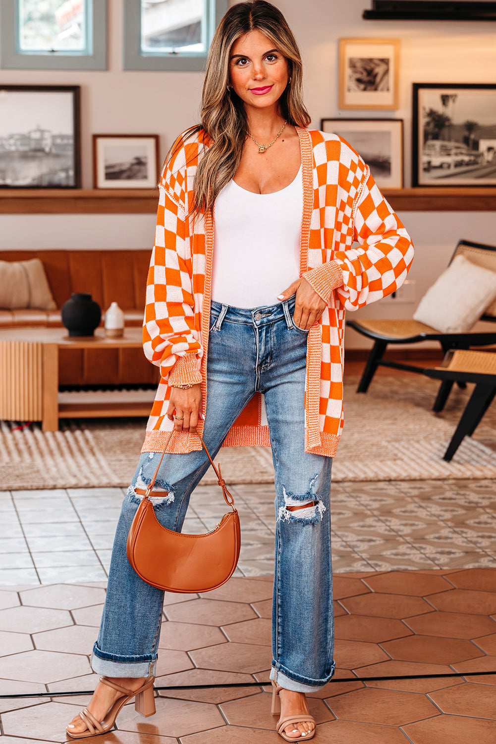 Brown Checkered Open Front Drop Shoulder Cardigan
