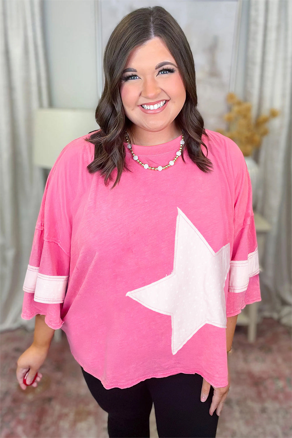 Pink Star Patched Colorblock Raw Edge Bracelet Sleeve Plus Size Loose Tee