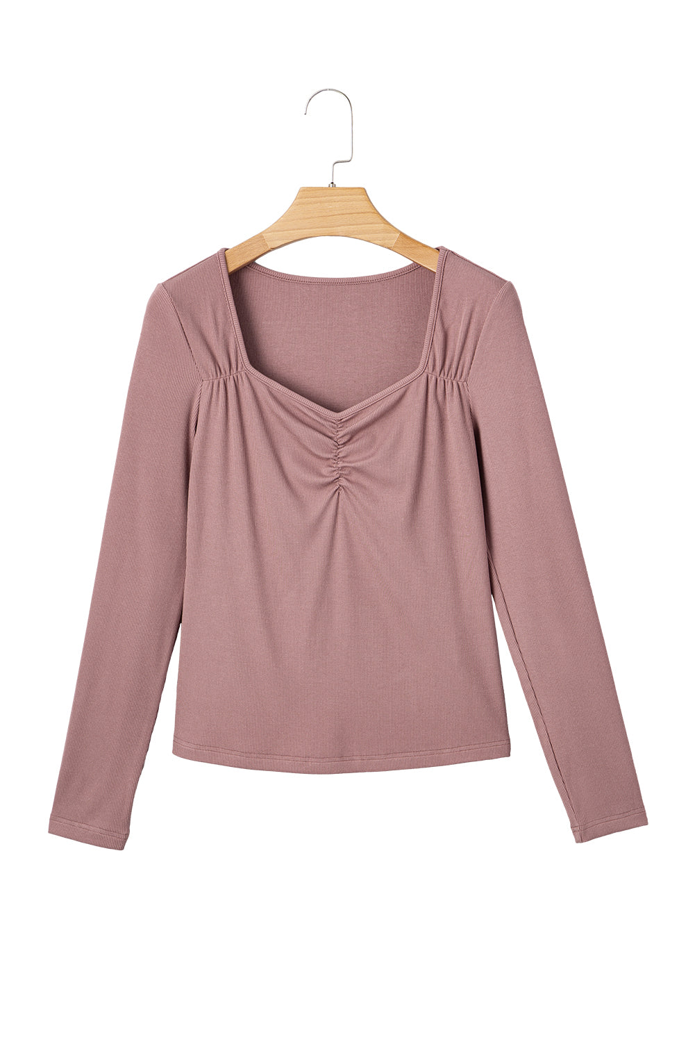 Old Rose Gathered Bust Square Neck Ribbed Fit Long Sleeve Top