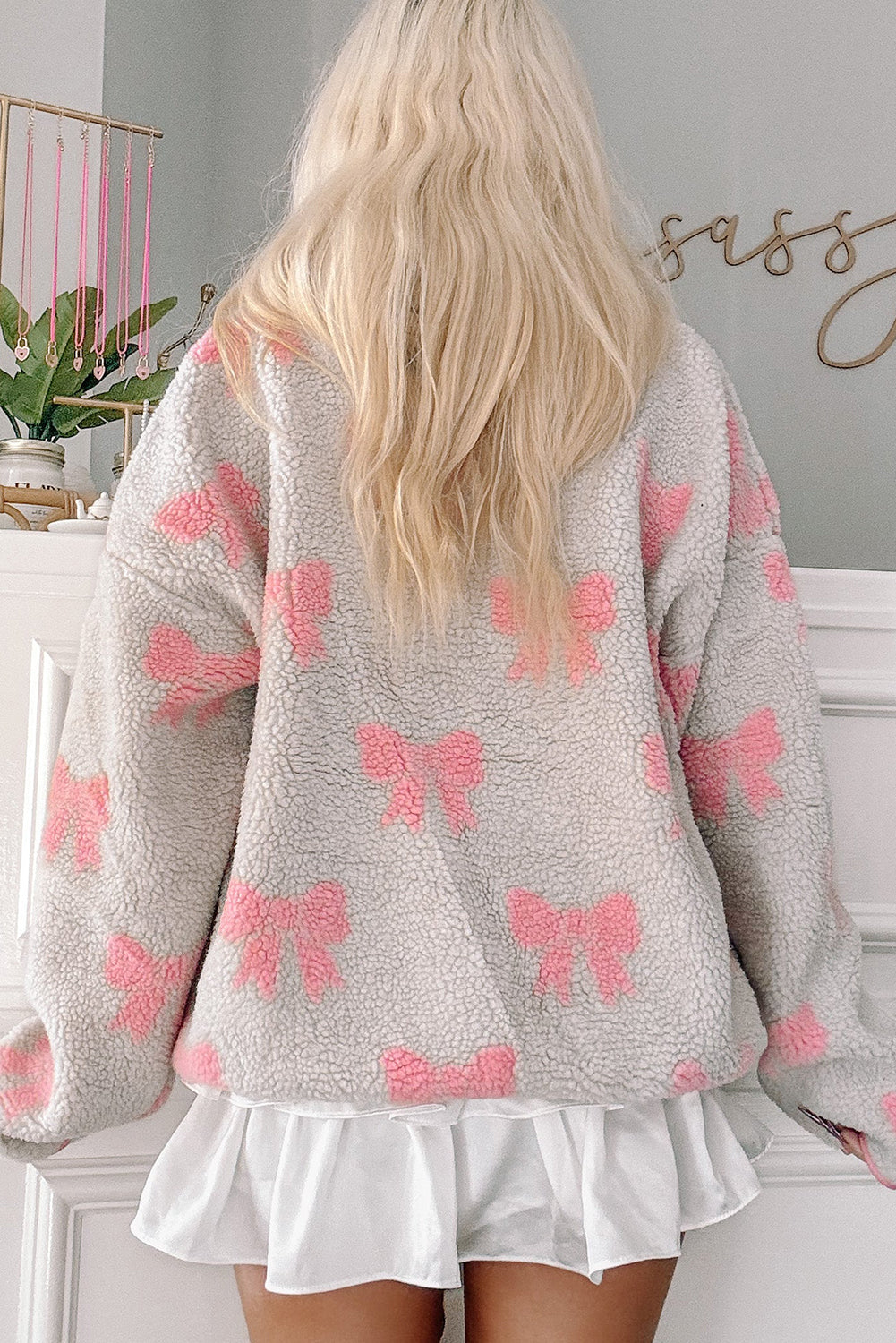 Gray Bow Sherpa Quarter Zip Drop Shoulder Baggy Sweatshirt