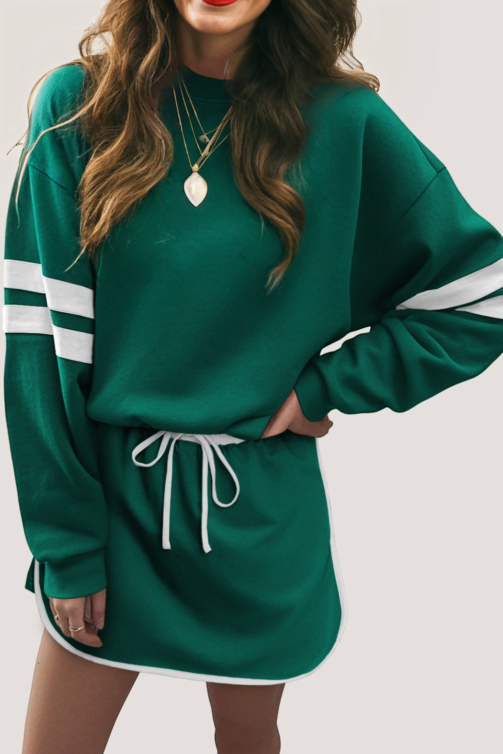 Evergreen Varsity Stripe Detail Drop Shoulder Pullover Mini Skirt Set