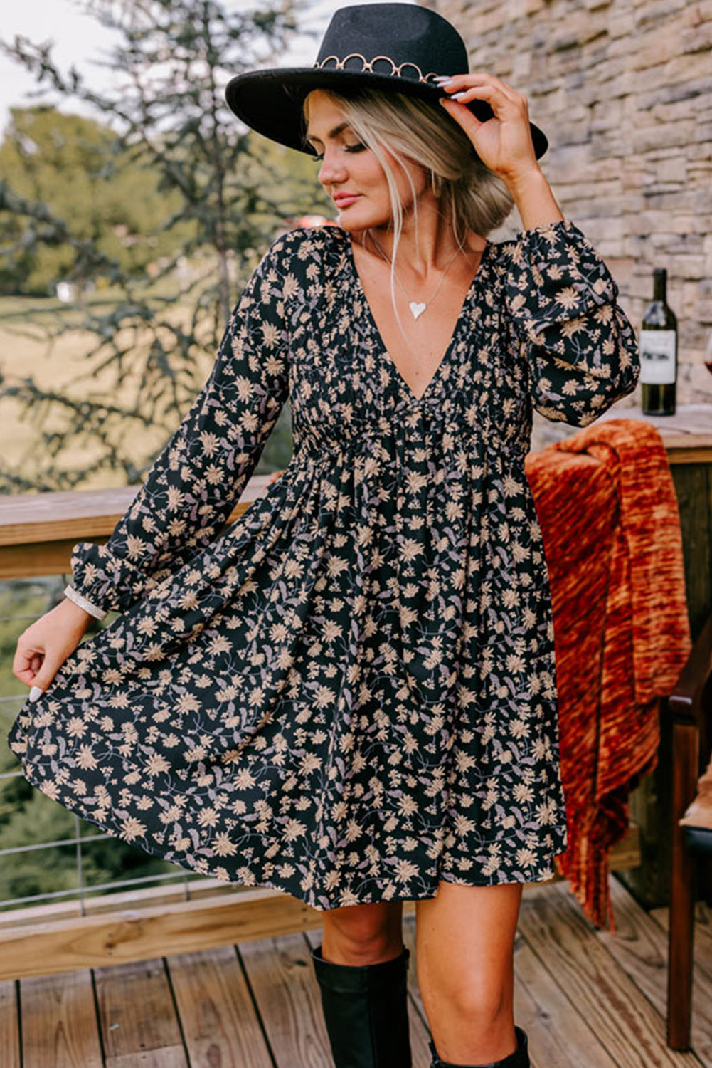 Black Floral Deep V Neck Smocked Bust Bubble Sleeve Babydoll Dress