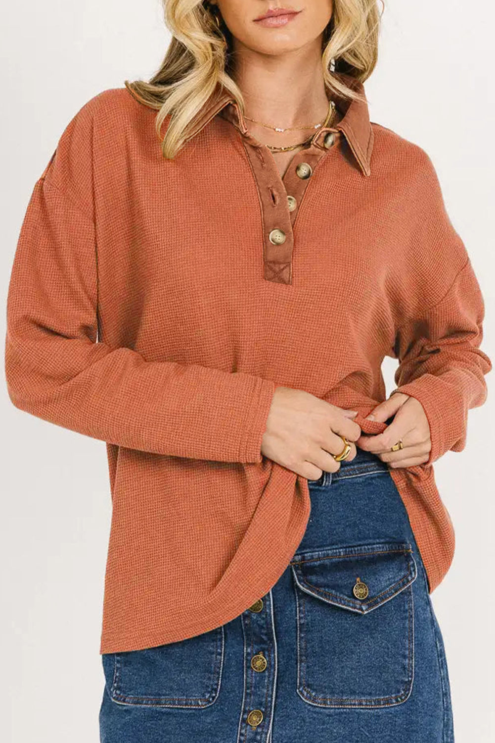 Red Dahlia Solid Color Long Sleeve Thermal Knit Polo Collar Patchwork Top