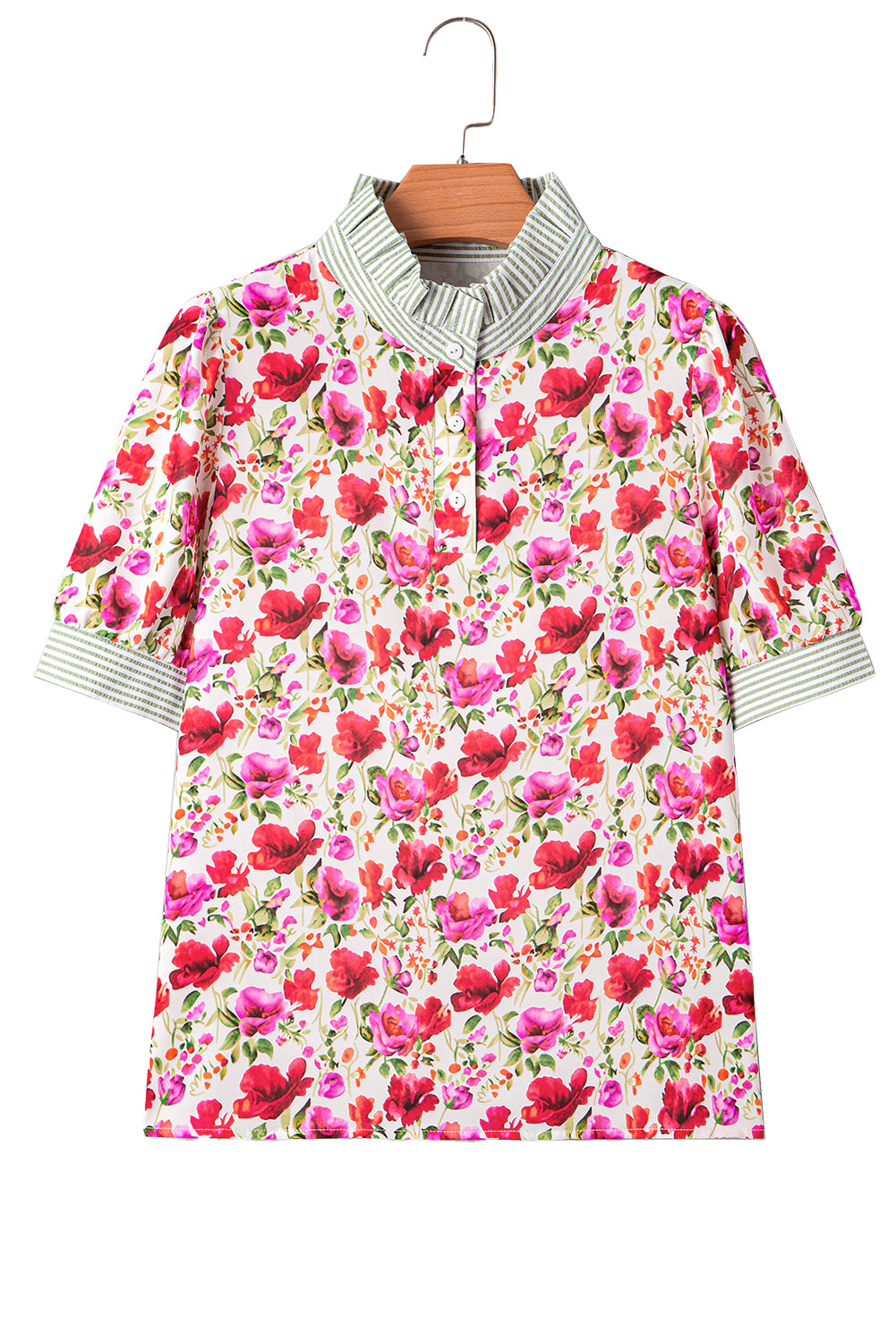 Sky Blue Floral Print Striped Patchwork Collared Short Sleeve Blouse