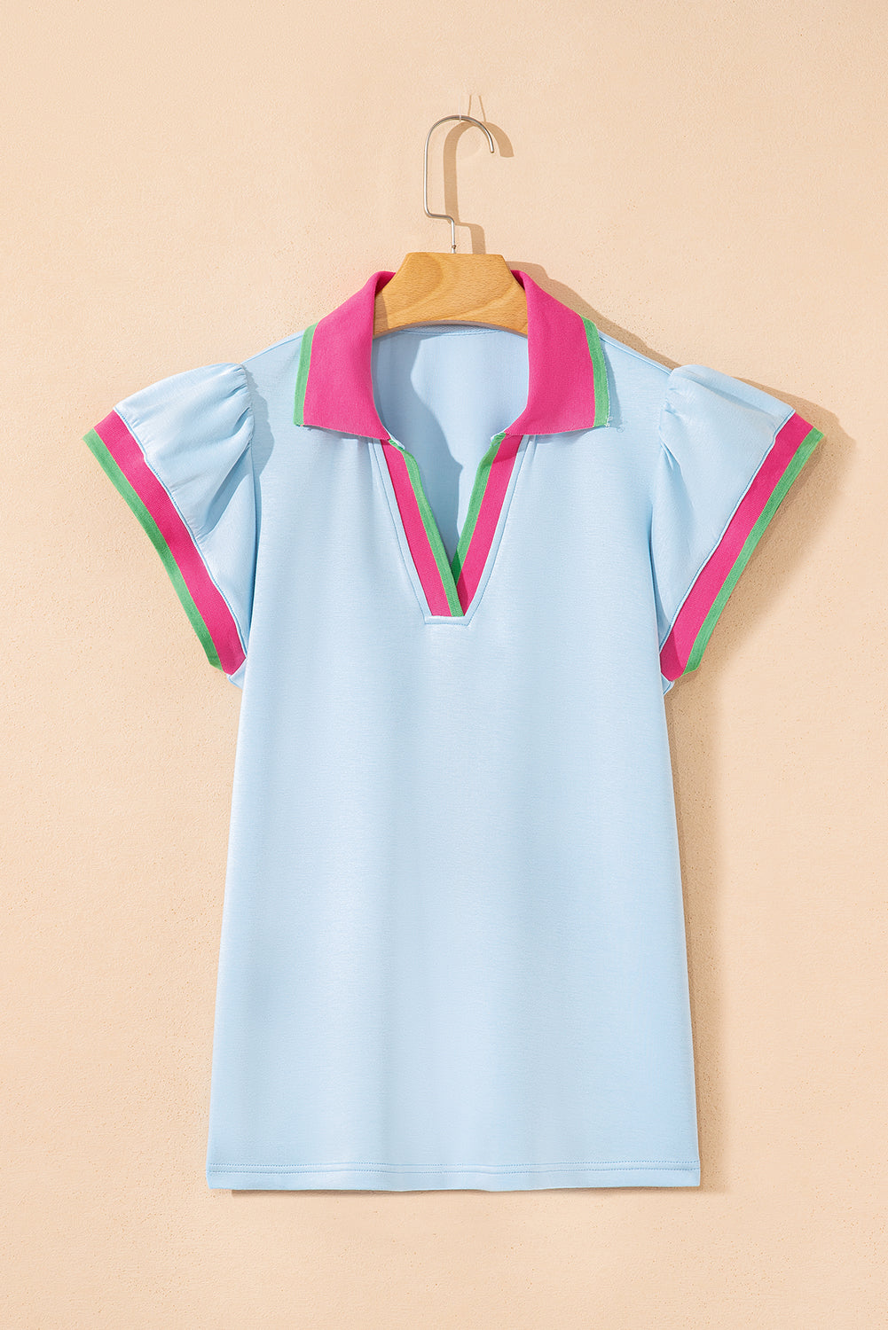 White Color Contrast Ruffled Sleeve Collared V Neck Blouse