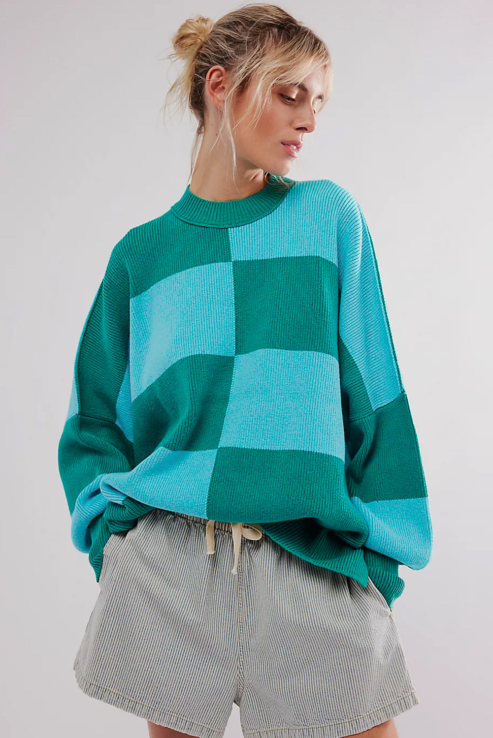 Khaki Checkered Side Slits Drop Shoulder Oversized Sweater