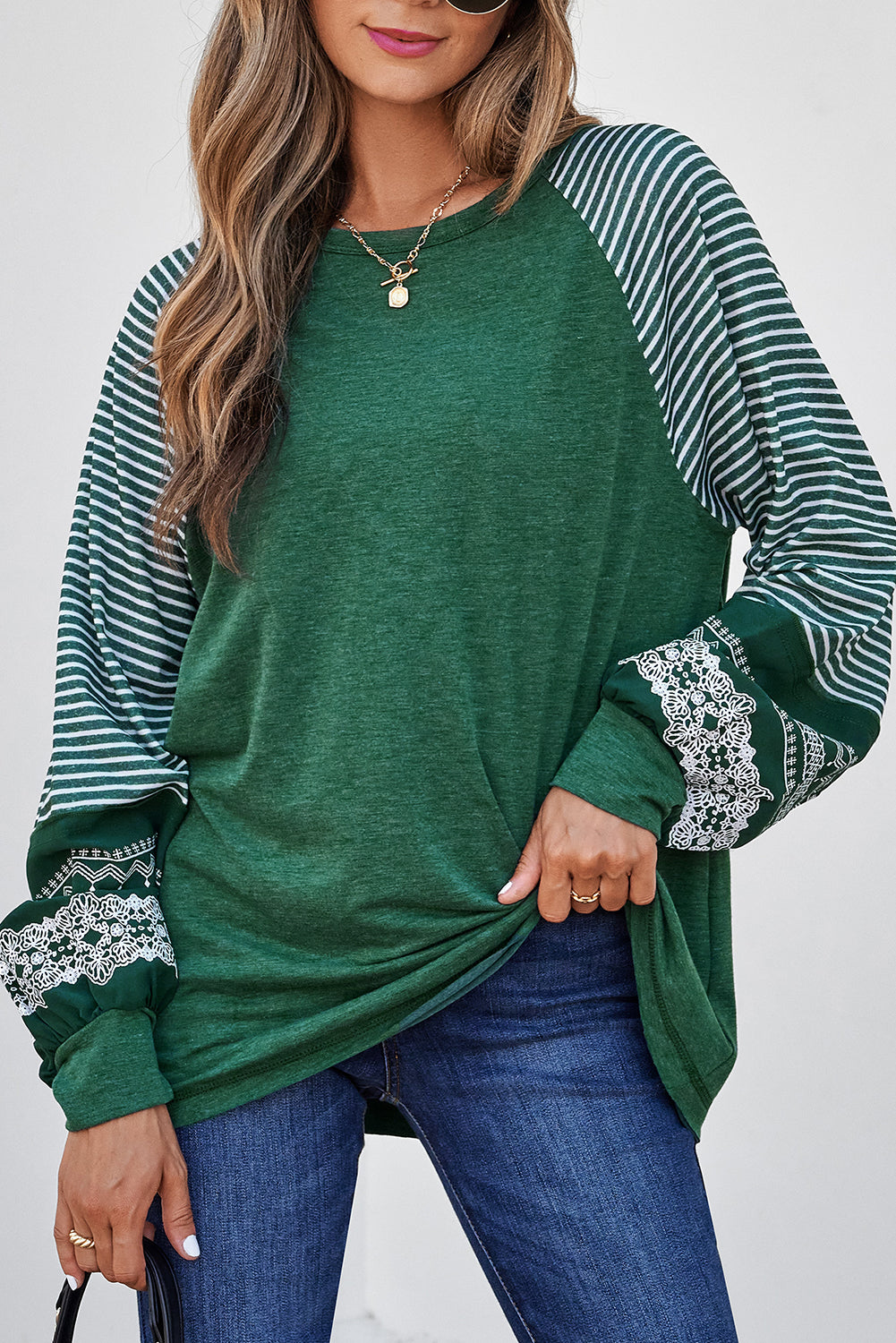 Navy Blue Contrast Print Striped Raglan Long Sleeve Loose Top