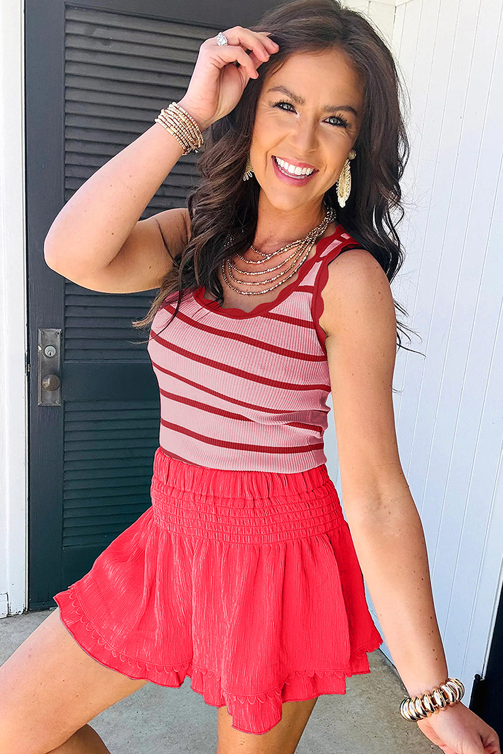 Black Striped Scalloped Edge U Neck Sleeveless Sweater Vest